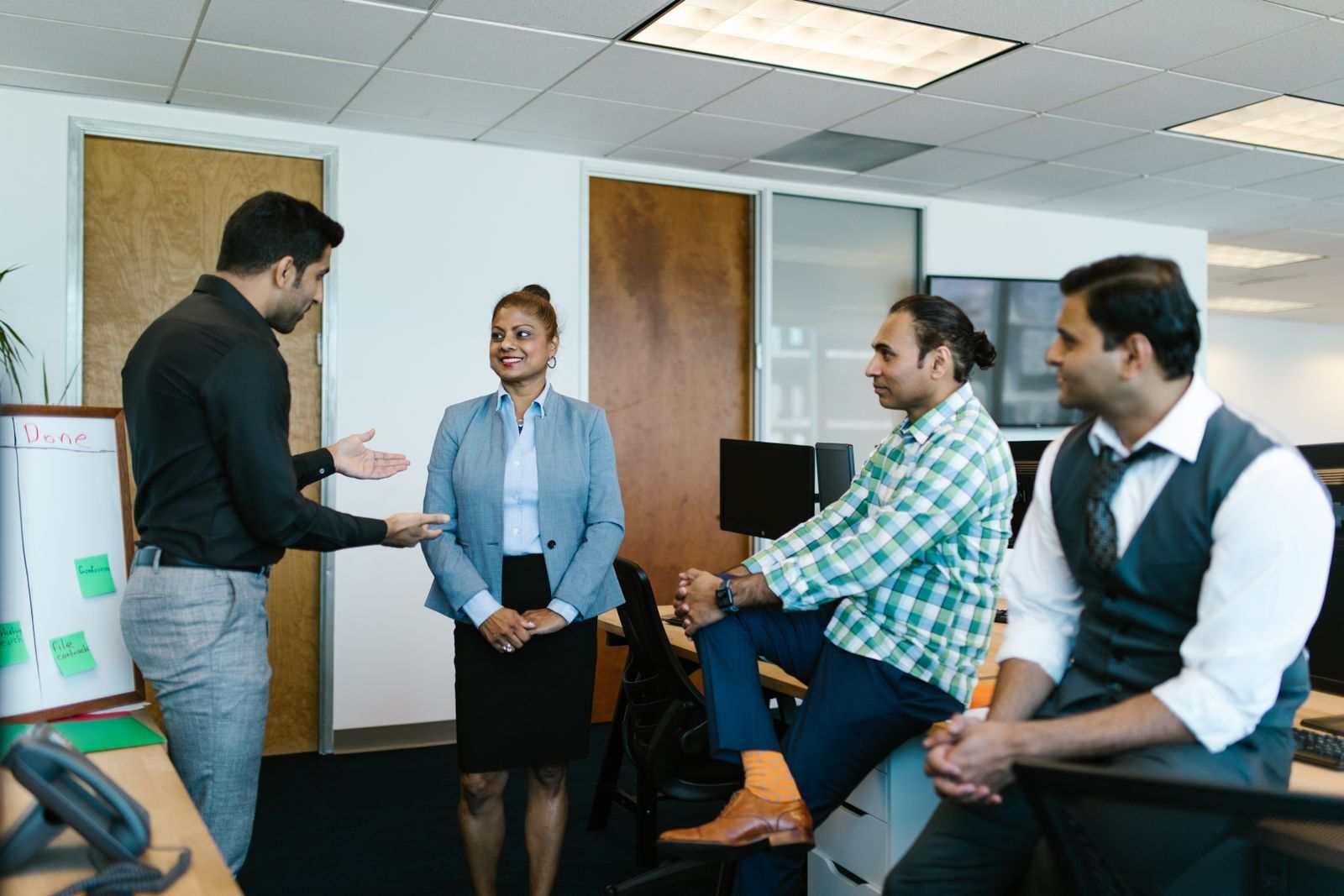 A team in discussion in a professional office