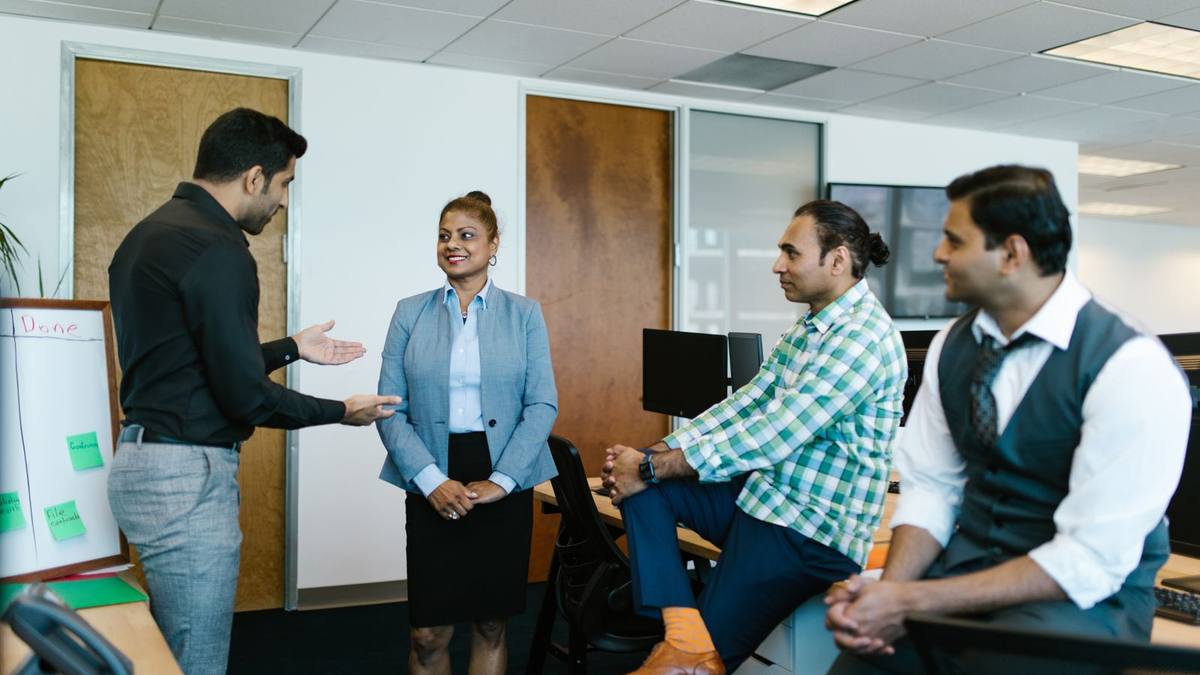A team in discussion in a professional office