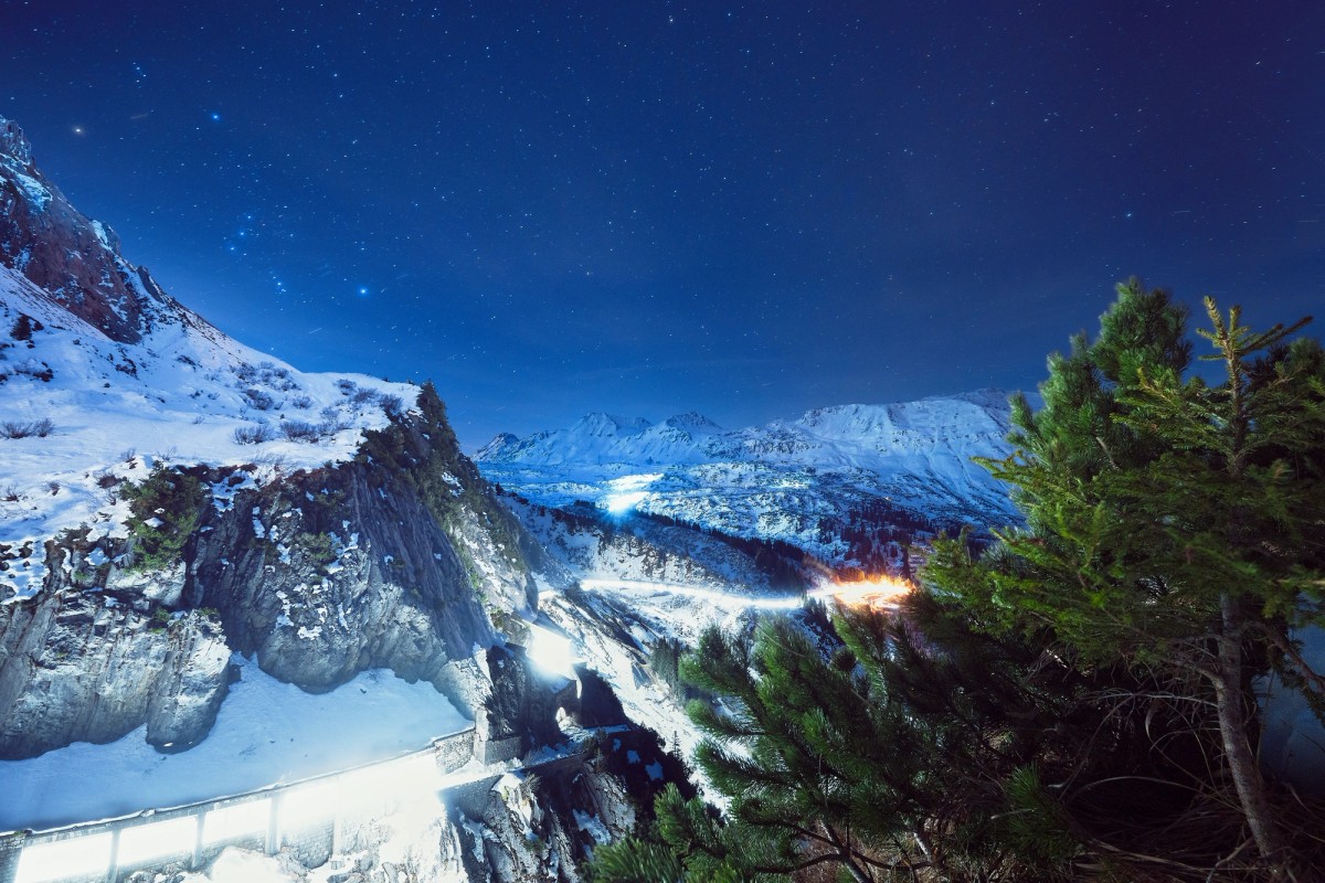 Mountain street over Arlberg at night