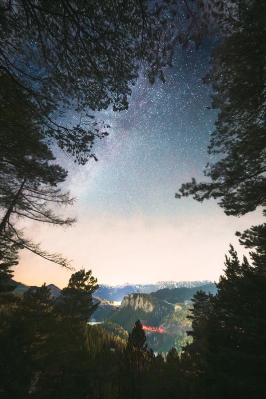 20 Schilling view in Austria with the Milkyway above it