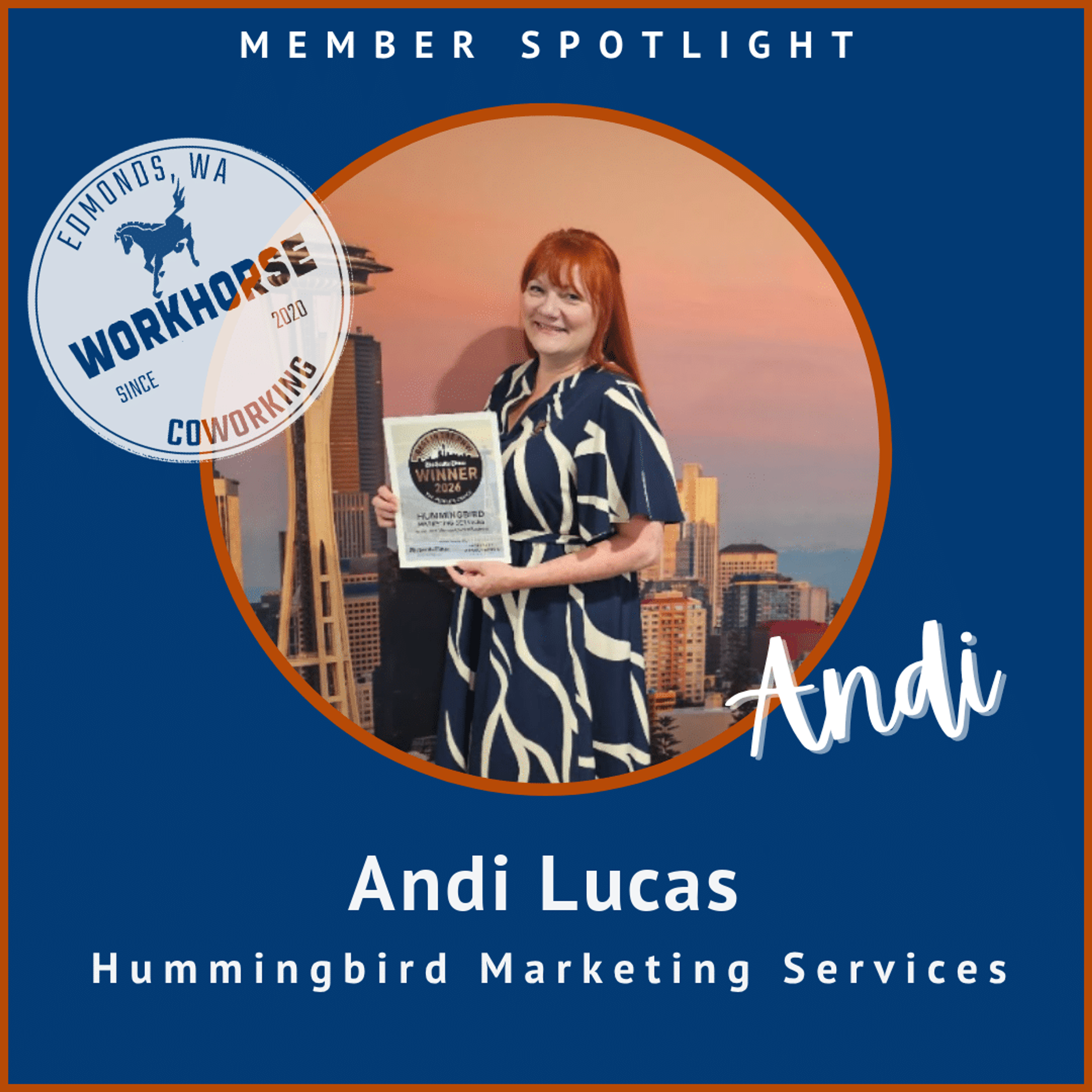 Member Spotlight: Andi Lucas of Hummingbird Marketing Services, holding her Best in the PNW award