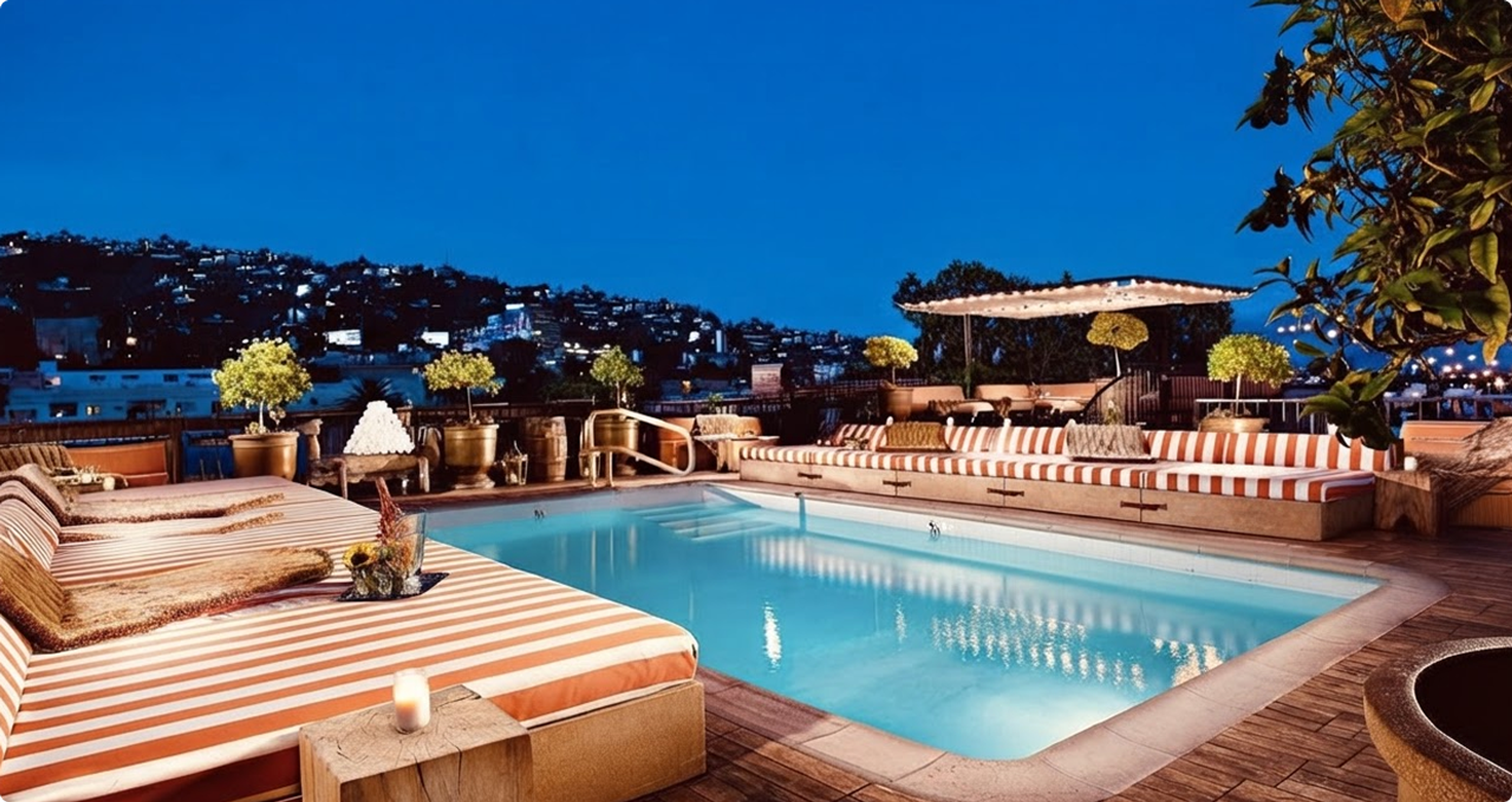 The rooftop pool at Petit Ermitage at dusk