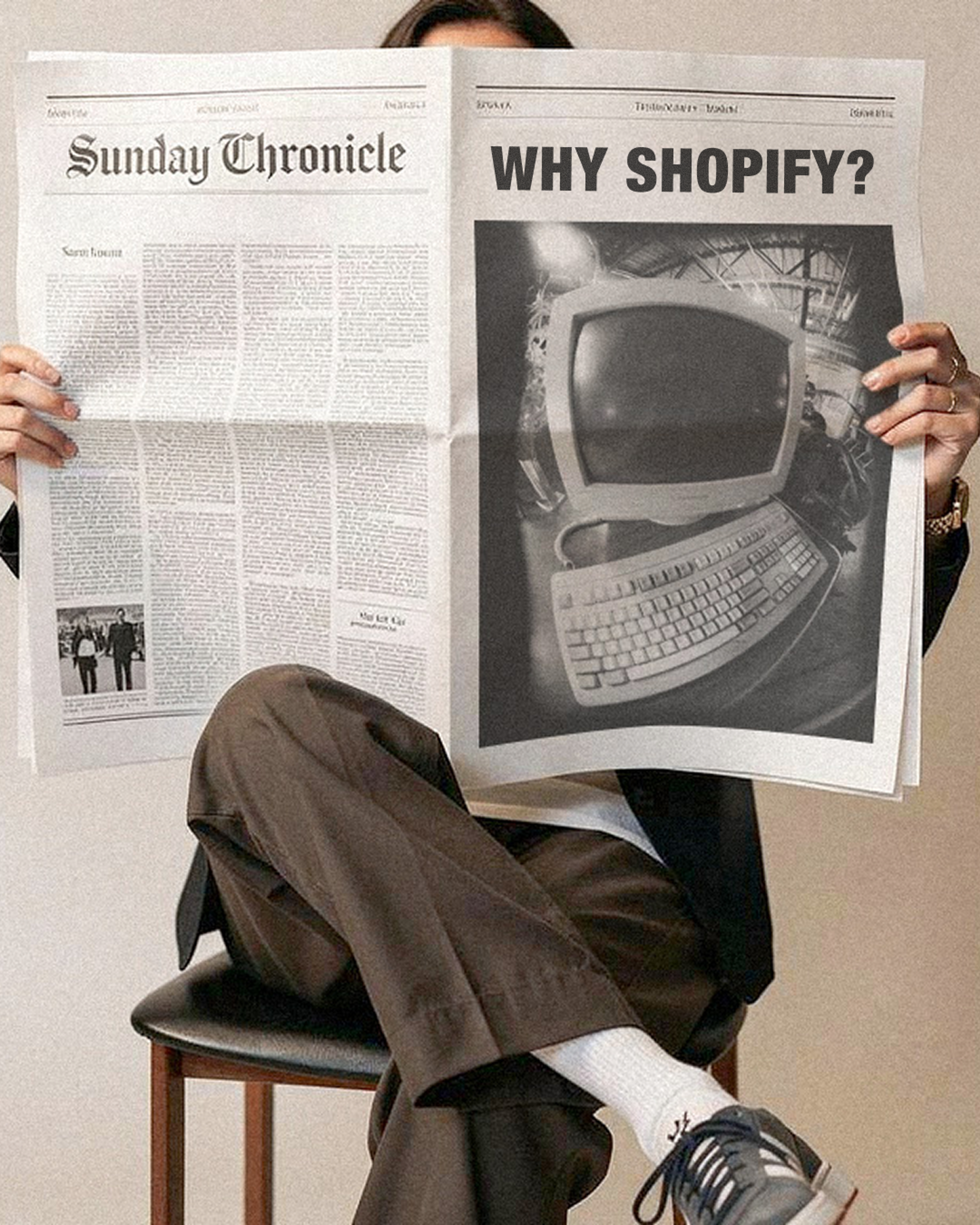 Newspaper headline reading "Why Shopify?" — hero image for 1r Agency's blog on why DTC brands choose Shopify.