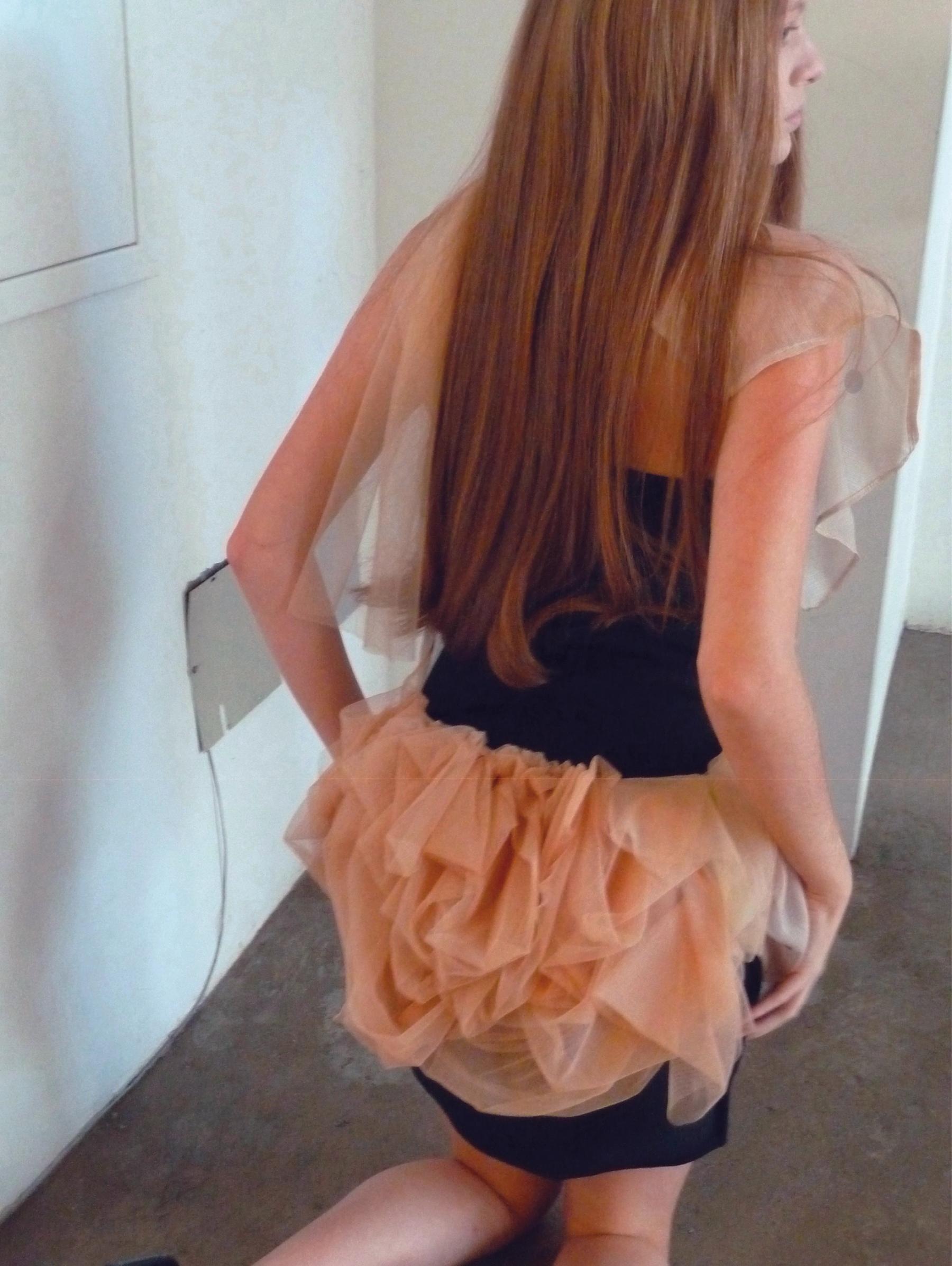 Sheer dress Dagah, Black knit dress Pedro Lourenço, Belt and shoes Toca