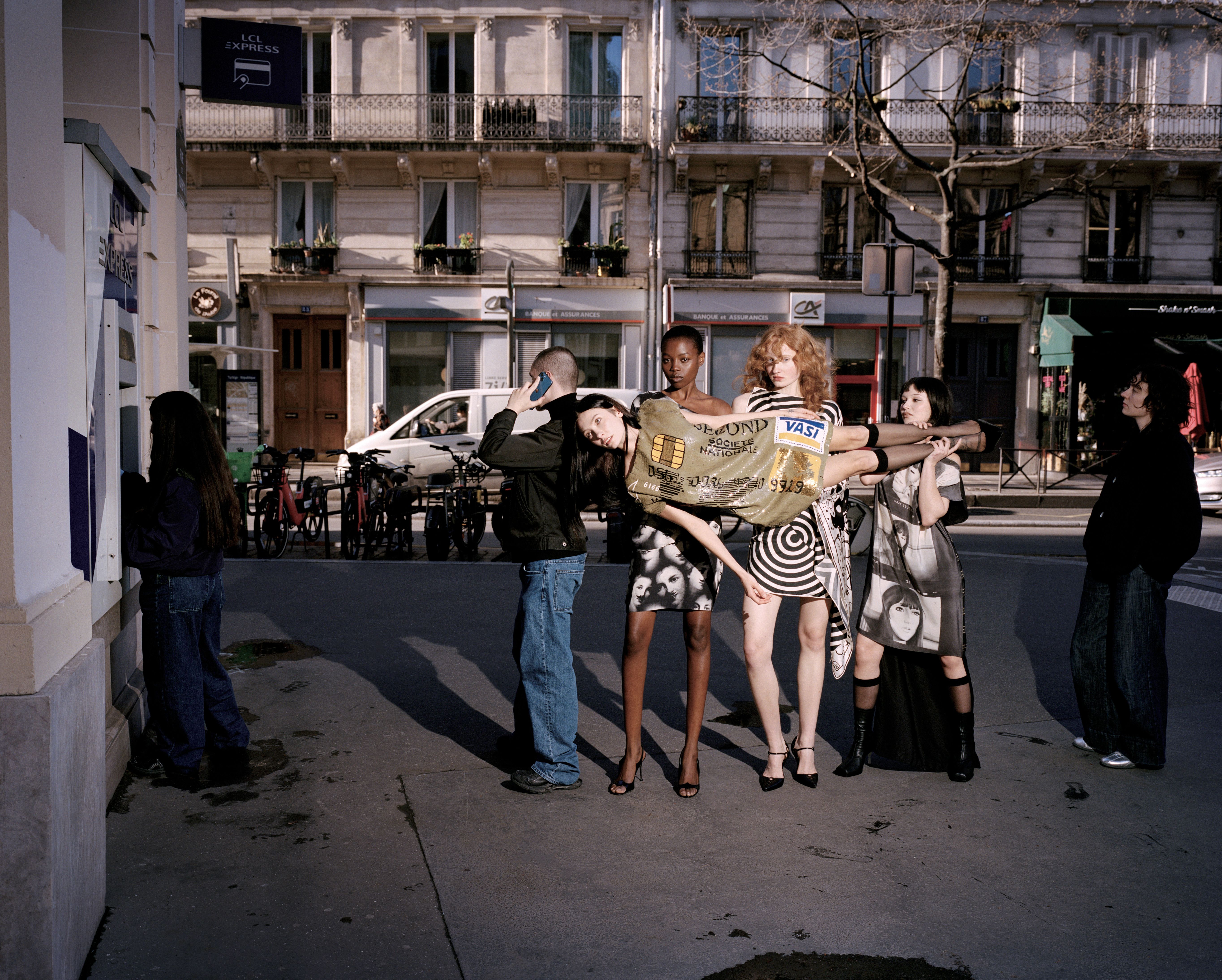 Left to right: Anya wears Dress Défilé PE 2009 JC in the Sky with Diamonds Jean-Charles de Castelbajac Archive, Socks Stylist’s own, Shoes Paris Texas | Rose wears Dress AW 2011-2012 Woman Ray Jean-Charles de Castelbajac Archive, Shoes Manolo Blahnik | Chloe wears Dress Archives Défilé JCC PE 2001 Physical Graffiti - Hommage à Guy Pellaert Jean-Charles de Castelbajac Archive, Shoes Manolo Blahnik | Agathe wears Dress Jean-Charles de Castelbajac Archive, Socks Stylist’s own, Shoes MM6 Maison Margiela