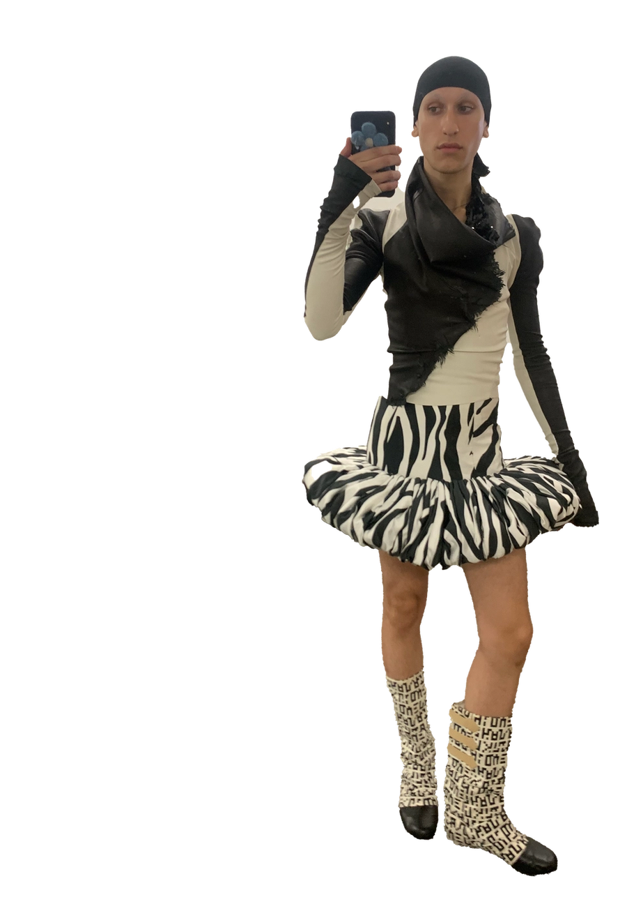 Left to Right: Jacket Omar Antabli, Zebra Dress Laura Andraschko, Shoes Vintage Harajuku Lovers by Gwen Stefani sourced by Mademoiselle Ugly/ Headpiece Vintage Junya Watanabe sourced by Archivings Stacks, Jacket Vintage Shinichiro Arakawa sourced by Archivings Stacks, Dress Jourdain, Skirt Adidas, Shoes Nike