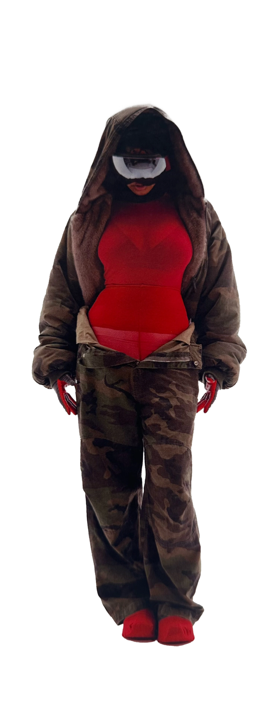Camo esoteric set / Moncler ski mask / Vintage gloves / Intimissimi top - Miista boots / Comme des garcons skirt and suit / Vintage boxing gloves / Italian belts
