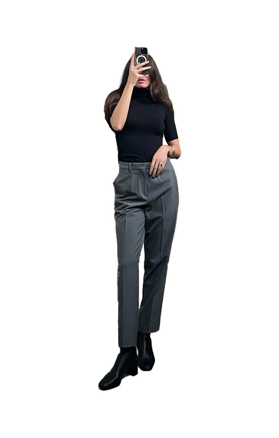 Left to right: Knitwear Ralph Laurent, Coat Fay, Jeans Zara, Ballerinas Andreas Kronthaler for Vivienne Westwood, Bag Fendi | Trousers Uniqlo, Top Intimissimi, Boots Zara