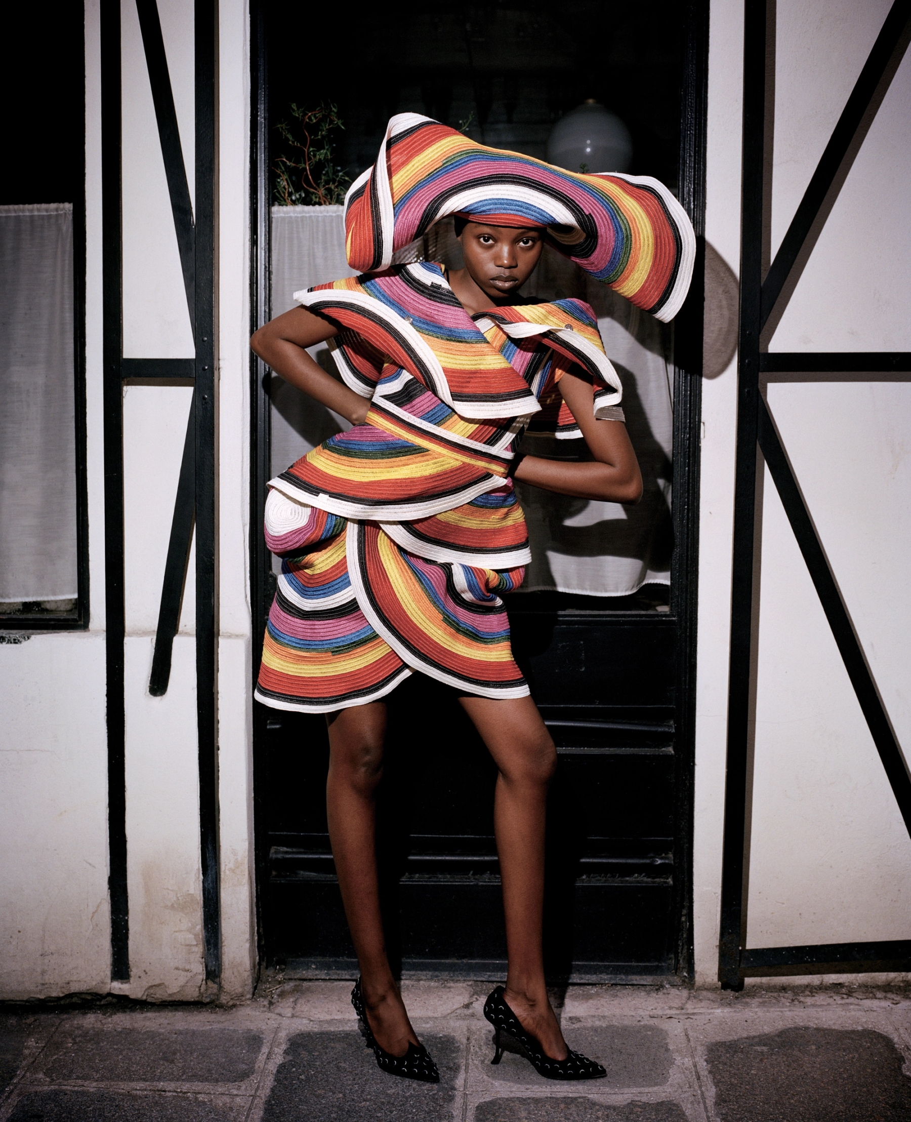 Rose wears Dress and hat Villebrequin 2019 Jean-Charles de Castelbajac Archive, Shoes Roger Vivier