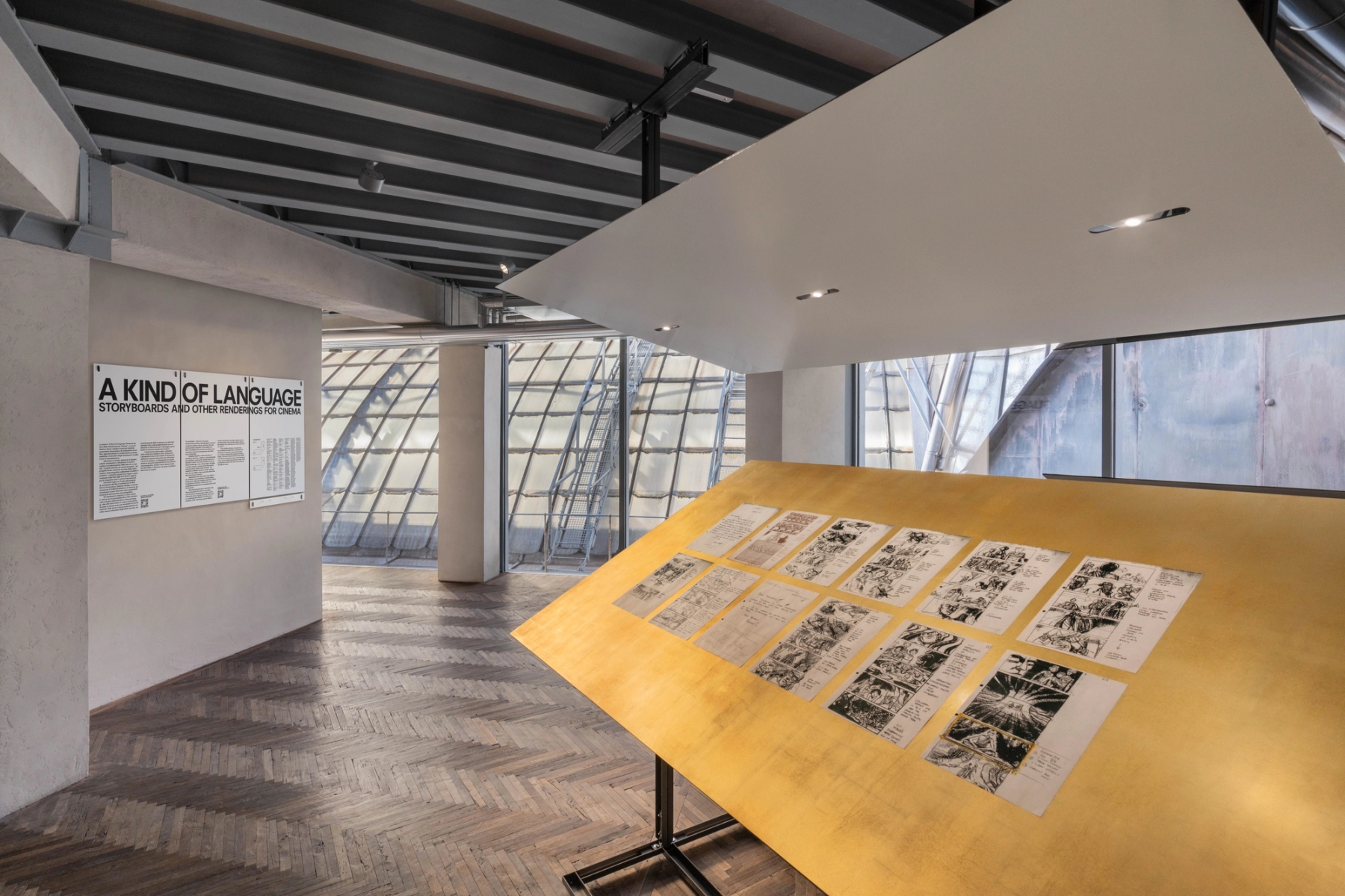 Exhibition view of "A Kind of Language: Storyboards and Other Renderings for Cinema" Curated by Melissa Harris, Osservatorio Fondazione Prada, Milan