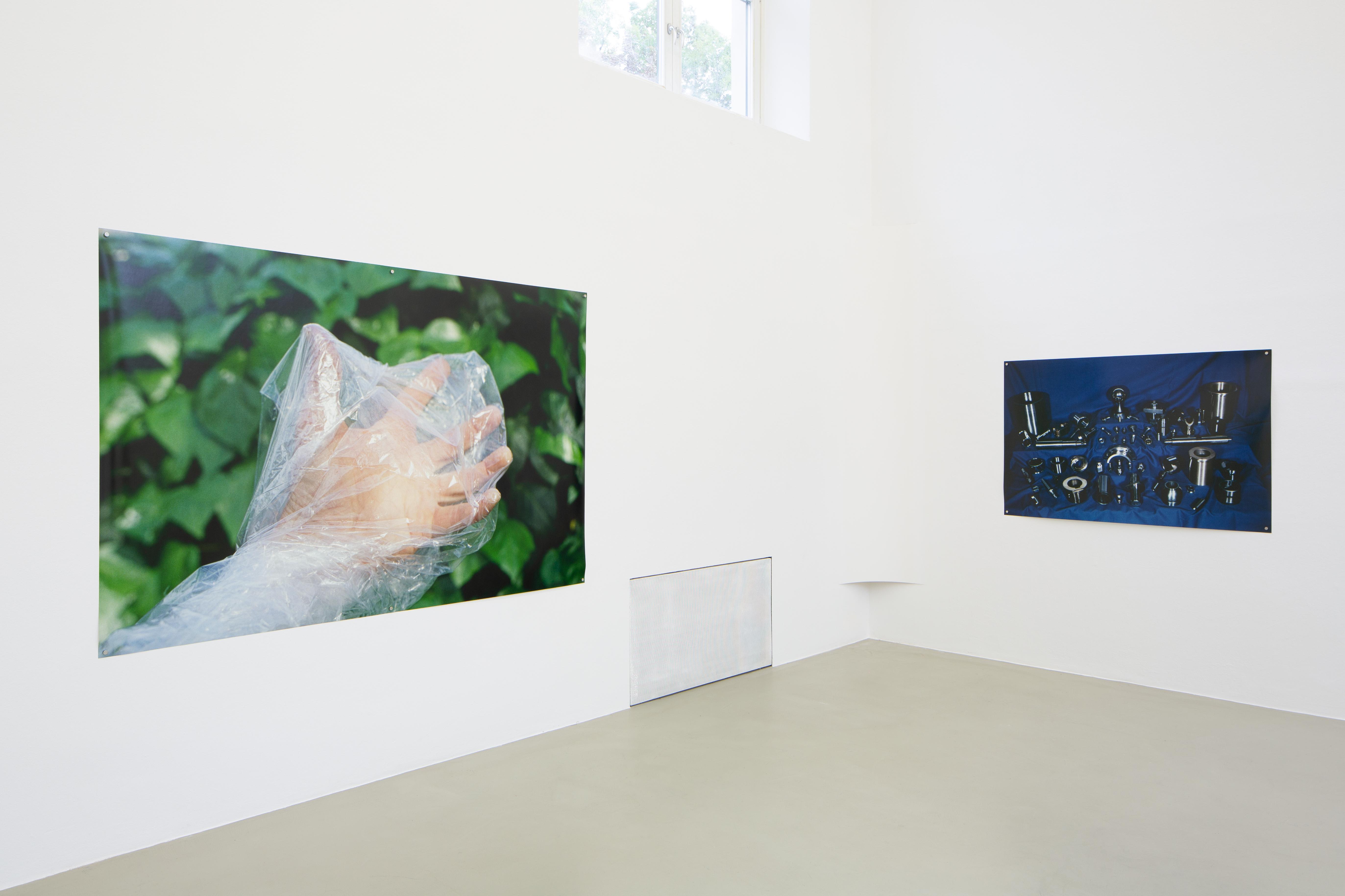 Pippa Garner, Un(tit)led (Hand in Plastic Bag), date unknown; Un(tit)led (Gear on Blue), 1986  ||  Courtesy the artist and STARS Gallery