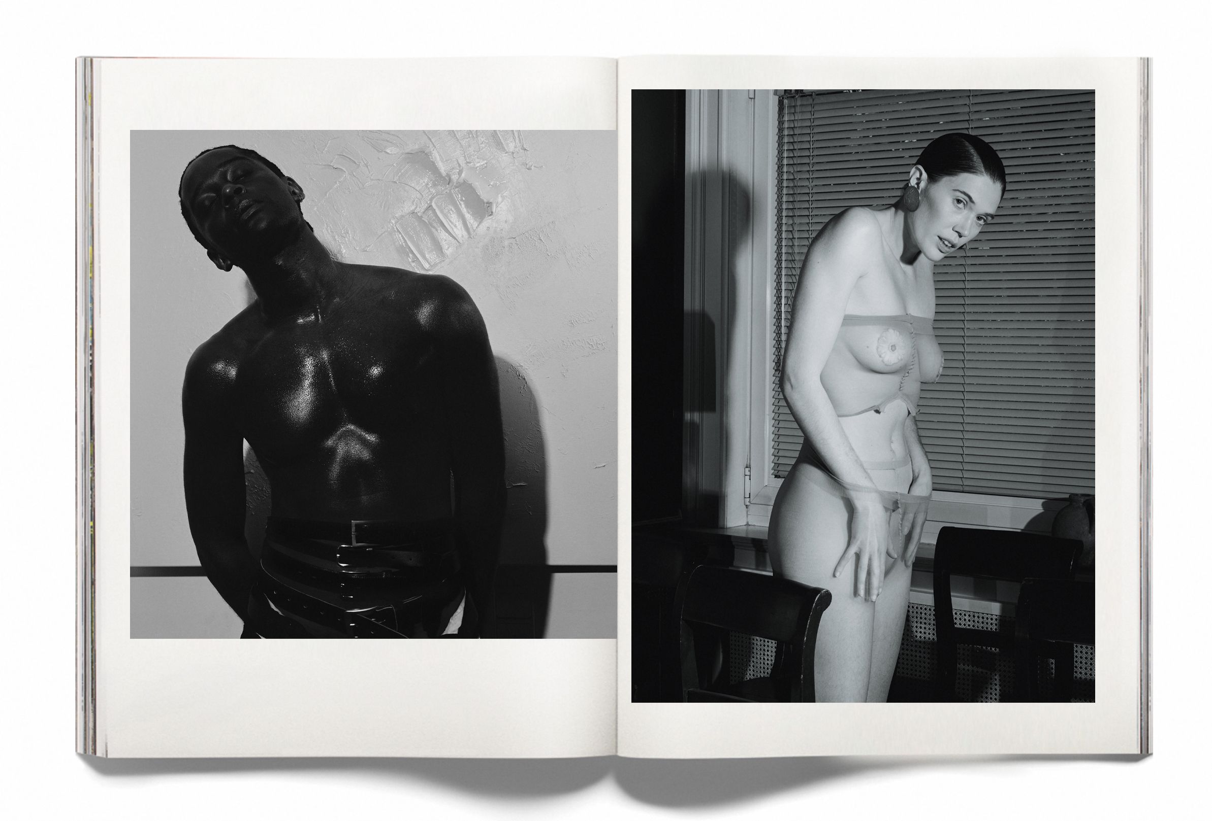 Right: Earrings D’Heygere, Body adornment dried pineapple, Panties Falke