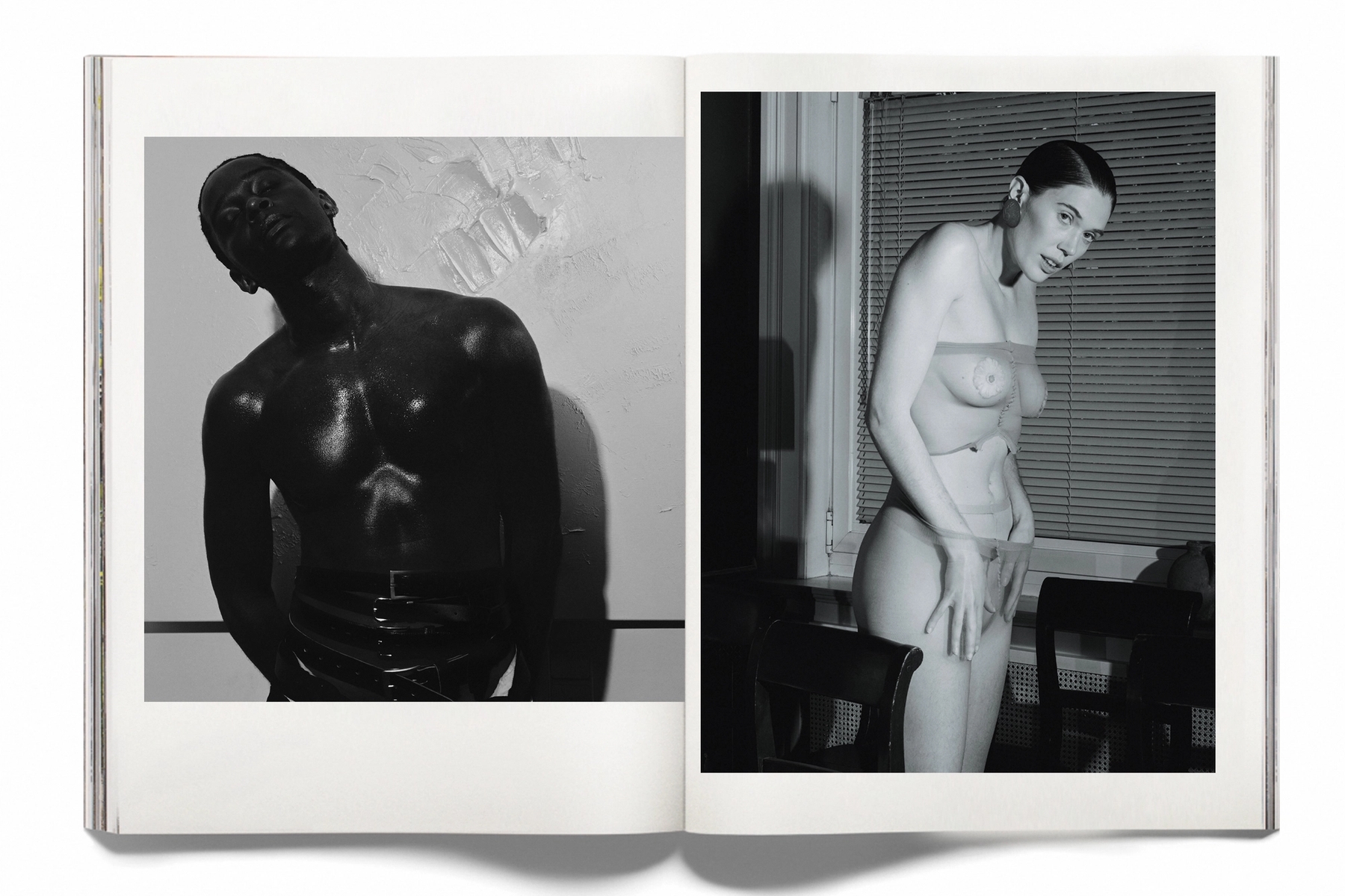 Right: Earrings D’Heygere, Body adornment dried pineapple, Panties Falke