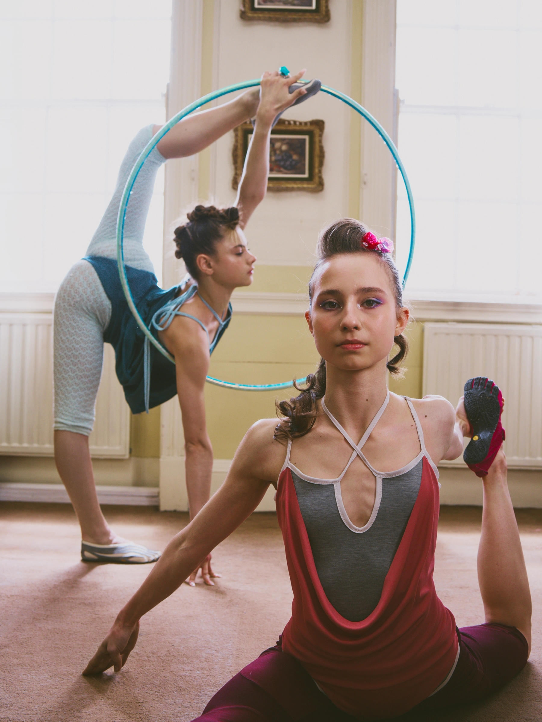 Left to right: Lera in Bodysuit Jacek Gleba, Leggings Samanta Virginio, Shoes Vibram, Ring XhenXhen | Galya in Bodysuit & Leggings Jacek Gleba, Shoes Vibram, Earring worn in hair XhenXhen