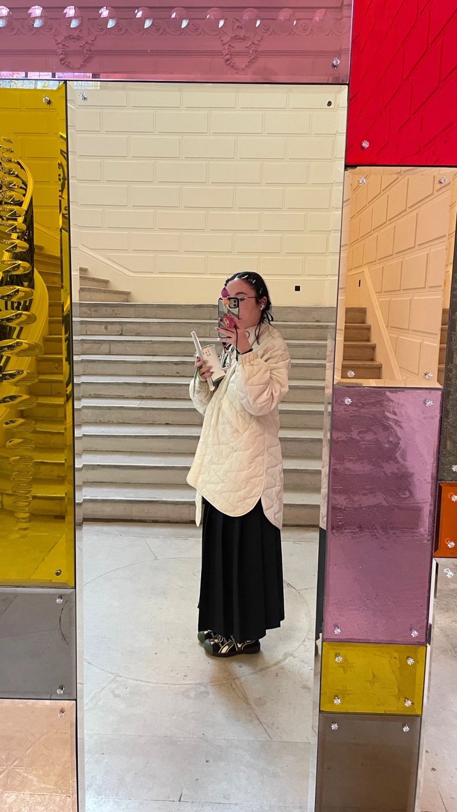 Left to right: Coat Bimba y Lola, Shoes Gucci, Skirt Thrift shop | Coat & Skirt Thrift shop, Shoes Miista, Bag Melissa
