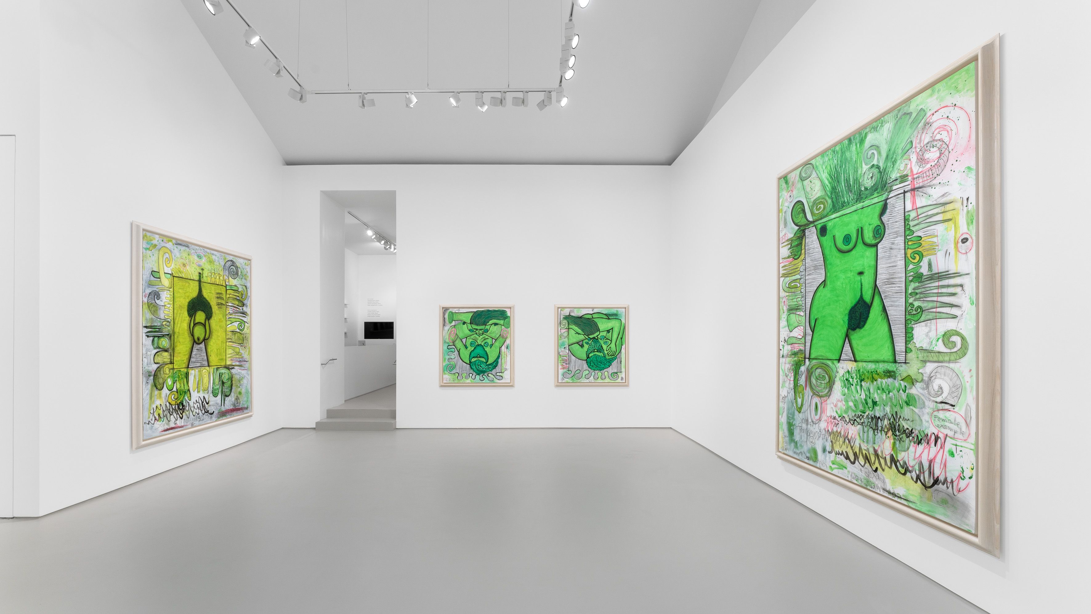 Left to Right: '(Male Example)'/ 'Qualiascope: Freefall (one)'/ 'Qualiascope: Freefall (two)'/ 'Somatic Transmission 2 (Female Example)', all urethane, acrylic, crayon, coloured pencil and pencil on linen