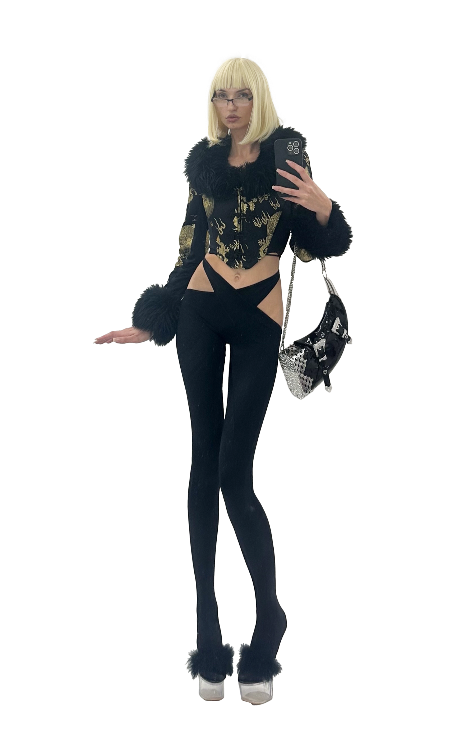 Bag Poster Girl, Corset Jacket Vintage, Tights Mulger, Shoes Golden Bulls, Glasses Specsavers