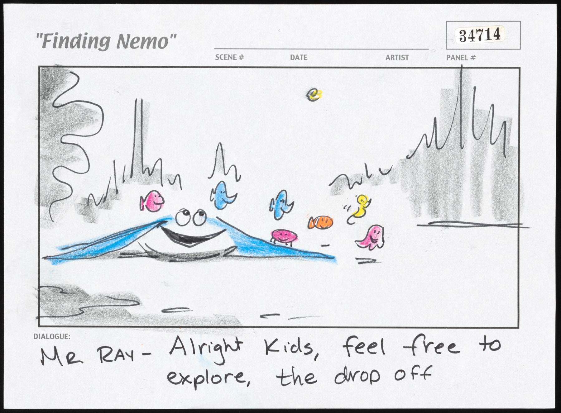 Finding Nemo, directed by Andrew Stanton, 2003. Storyboards by Rob Gibbs, Jason Katz, Bruce Morris and Peter Sohn. Courtesy of Pixar Animation Studios