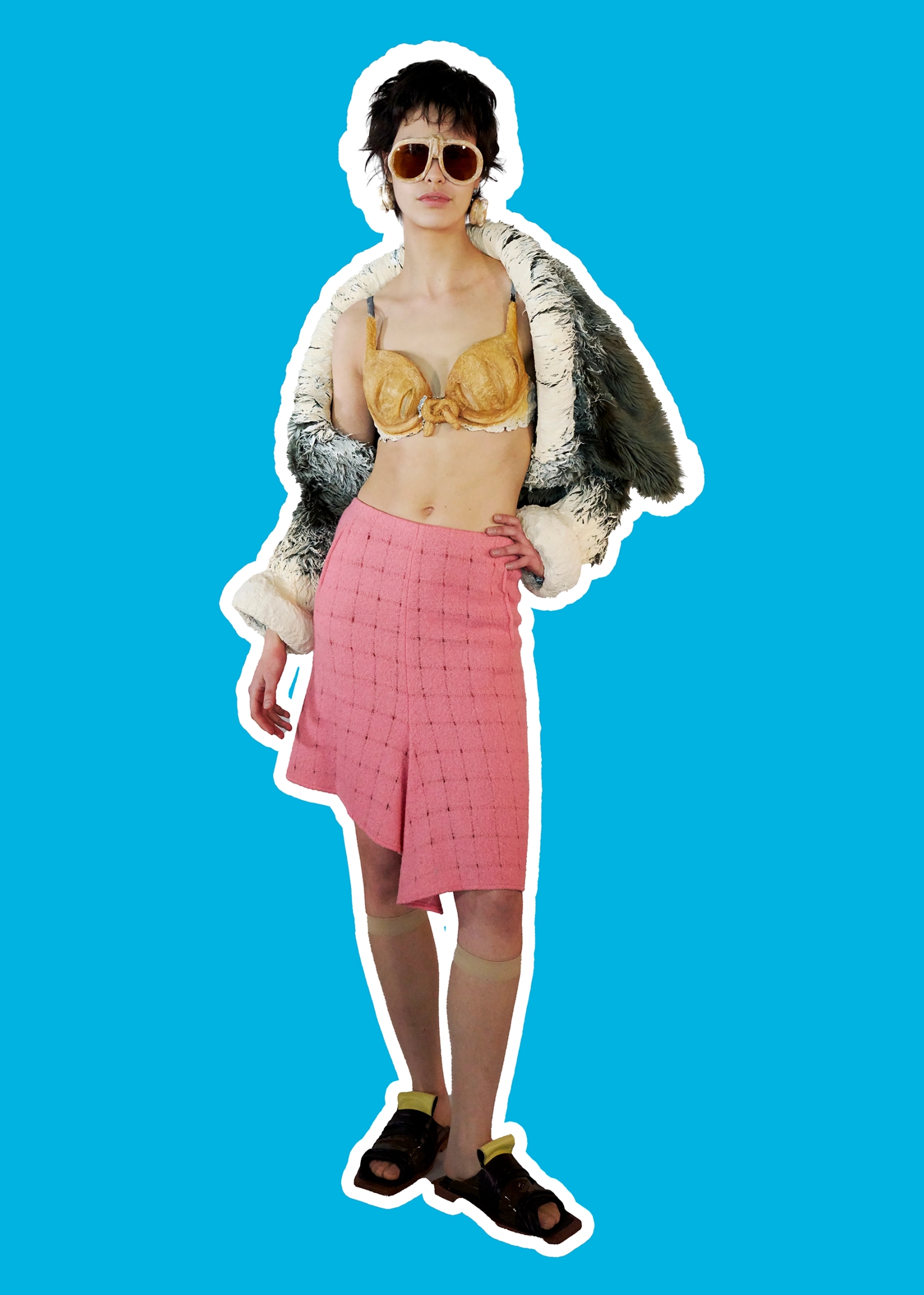 Marta Buiko in Bra, Jacket & Sunglasses Saule Milonaité, Skirt Souagforever, Shoes Clément Delaval, Socks Stylist’s own


