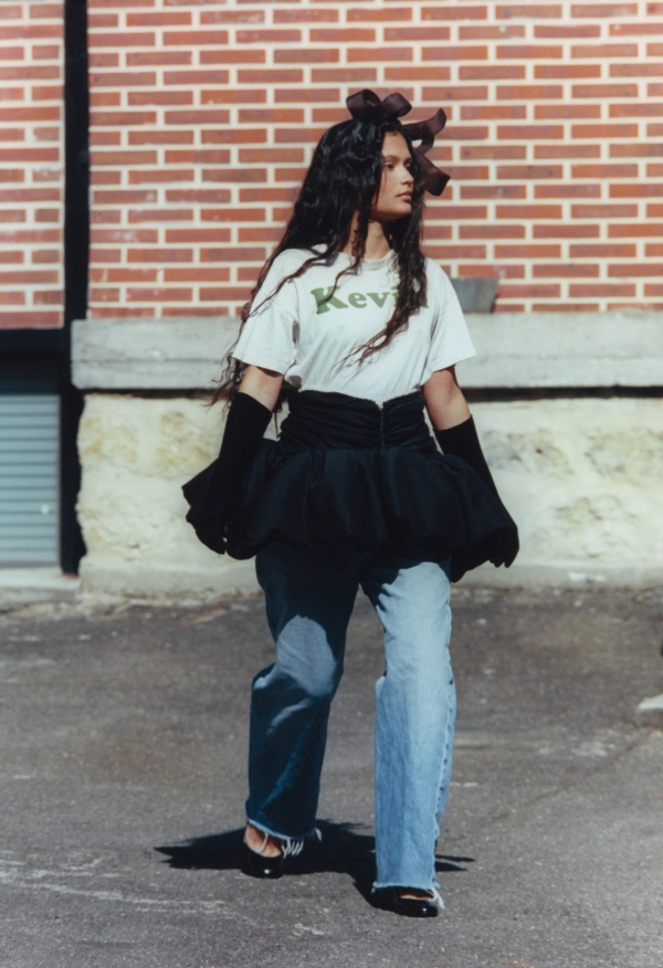 Left: Crochet Trimmed Dress DE PINO FW20, Flower Headpiece DE PINO FW21, T-Shirt DE PINO archives,  Trousers Gloves & Shoes Stylist’s own - Right:   Hand Painted Silk Body DE PINO x Rémi Calmont