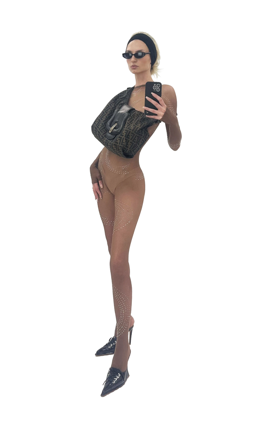 Left to right: Bag Fendi, Mesh Catsuit Poster Girl, Shoes Poster Girl, Sunglasses Shevoke, Headband Paks | Bag Poster Girl, Top Dior, Tights Amazon, Leggings Alo, Shoes Jessica Simpson, Glasses Specsavers