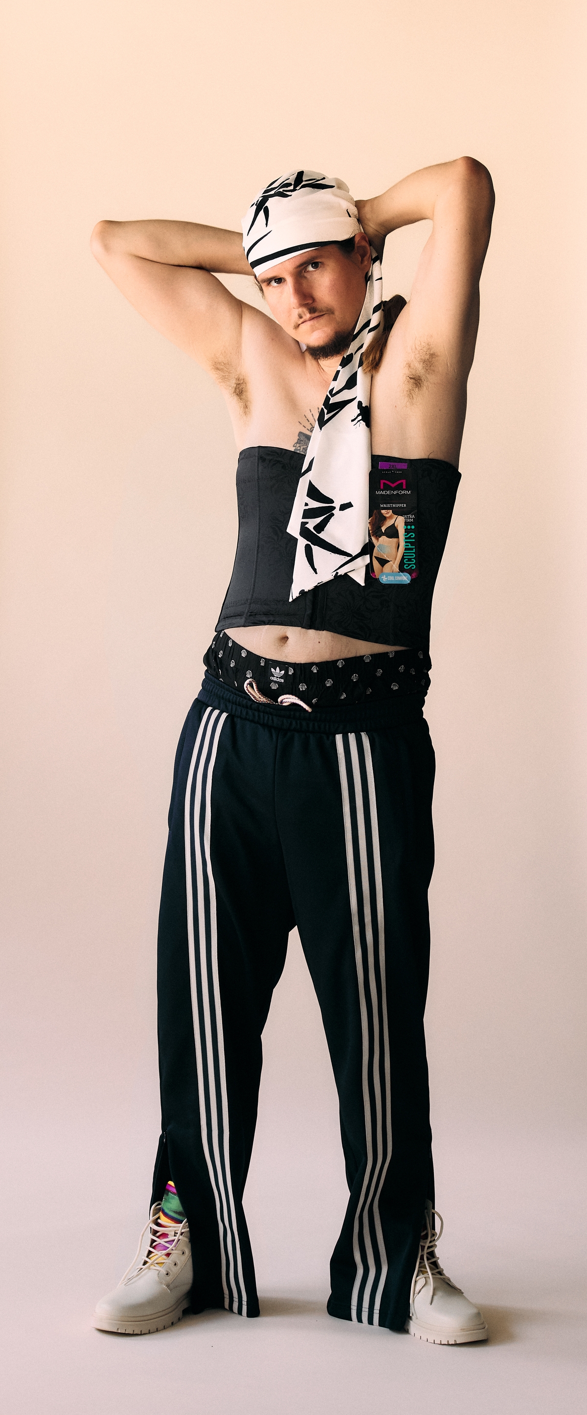 Headscarf - Eugenia Kim / Corset - Maidenform / Underpants - Adidas Originals / Pants - Adidas Originals / Boots - Calvin Klein Jeans