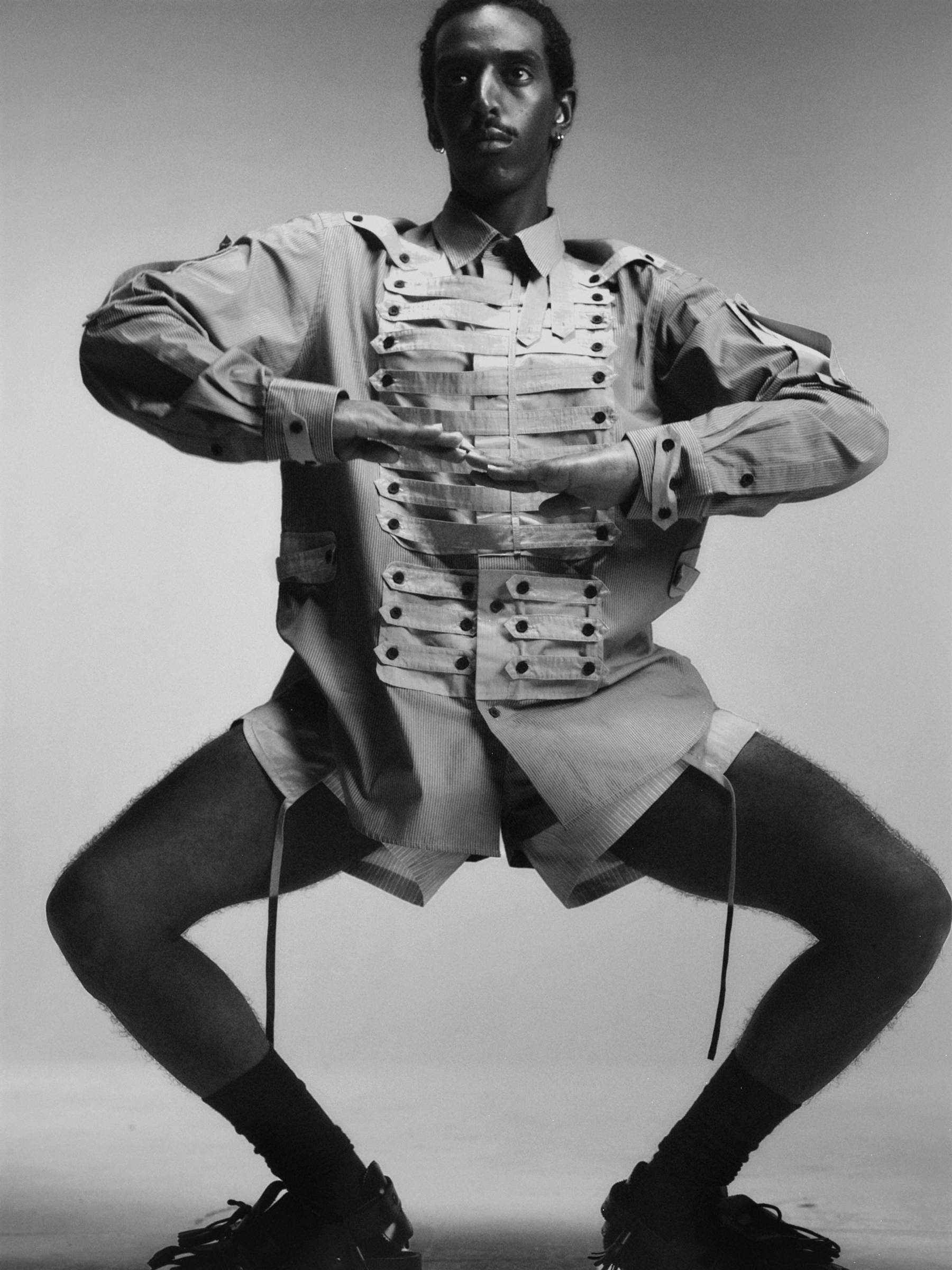 Natnael in Shirt & Shorts Craig Green, Socks stylist’s own, all Jewellery model’s own