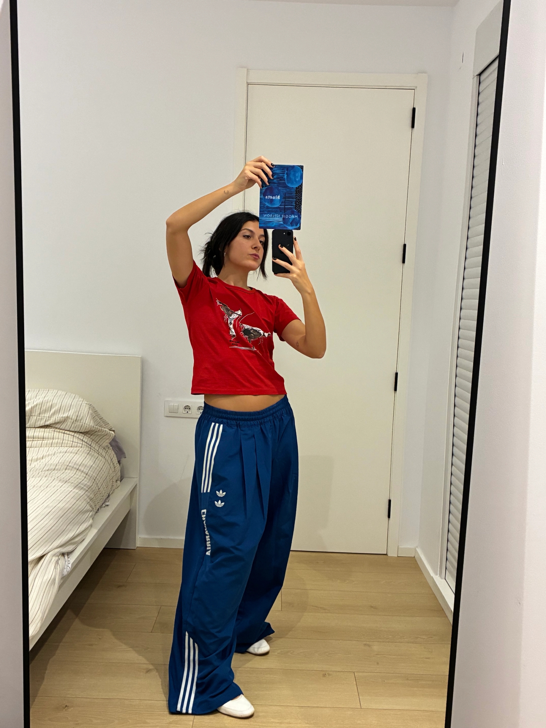 Top Brazilian souvenir, Trousers Willy Chavarria x Adidas, Shoes Jil Sander vintage | Book: Bluets by Maggie Nelson