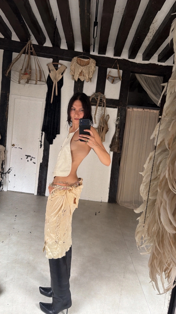 Victorian pocket initially to be attached around waist worn as a top, 1920s burlesque beaded bottoms worn as a belt, 1930s cut slip dress into skirt, shoes Shushuaddict