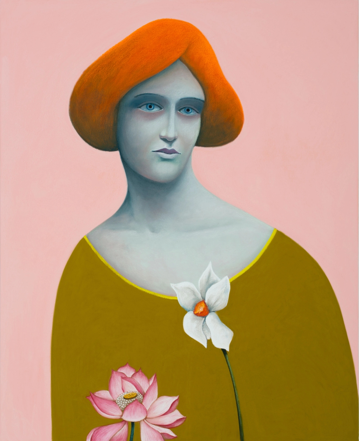 Nicolas Party, 'Portrait with Flowers', 2018, Pastel on canvas, 59 1/16 x 47 1/4 in. Photo by Isabelle Arthuis