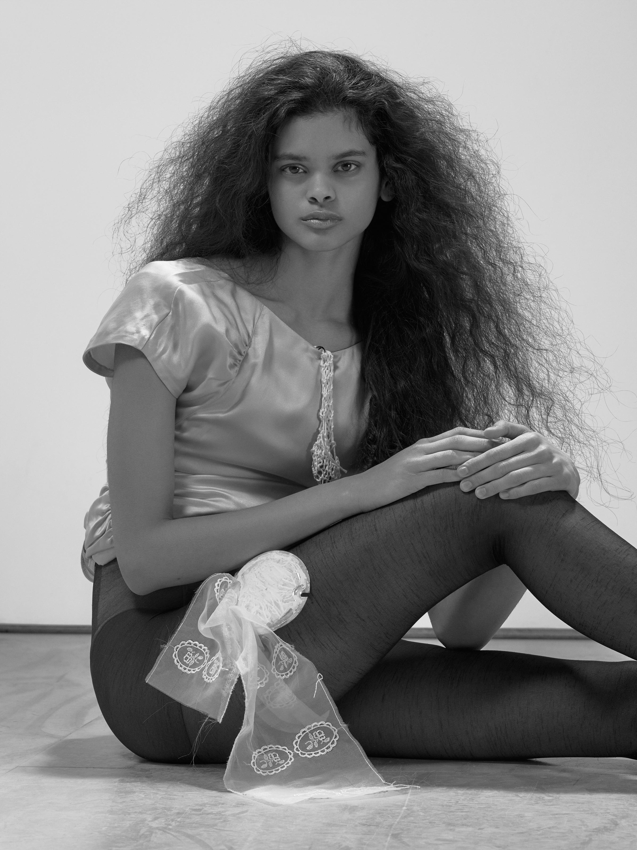 Left: Silk Dress (worn as top) by Maryam Nassir Zadeh Fall 2019 Crochet Rock Cover and Tights made by Shayna Arnold • Right: Dress by Maryam Nassir Zadeh Spring 2019, Knit Bodysuit by Maryam Nassir Zadeh Spring 2015 Belt by Maryam Nassir Zadeh Fall 2018, Shoes by Maryam Nassir Zadeh Spring 2019, Wood Centerpiece and Spring Bracelets made by Shayna Arnold