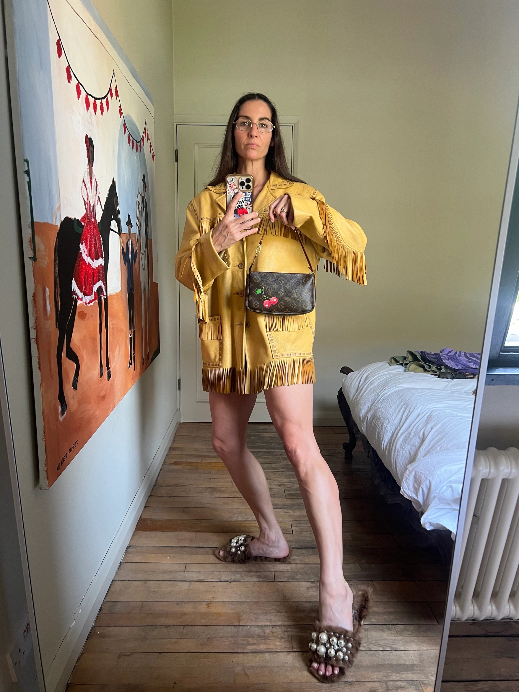 Bag Louis Vuitton x Takashi Murakami, Jacket Vintage, Slippers Miu Miu
