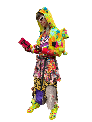 1. Hat: Couch UK - Top: Bernhard Willhelm - Bag: Wild & Lethal Trash - Pants: Altered Mind - Shoes: Suicoke x Vibram x Midorikawa Five Fingers - Orb: Vivienne Westwood x Swatch / 2. Jacket: Jeremy Scott x Adiddas - Top: Walter van Beirendonck - Belts: Michiko Koshino, Wild & Lethal Trash, Charles Jefferey Loverboy - Skirt: Jeremy Scott - Long Skirt: Hysteric Glamour - Pants: Jeremy Scott x Adidas - Shoes: Doublet x Suicoke - Bag: Ashley Williams - Gloves: Vivienne Westwood / 3. Jacket: Hyoma x b+ab - Sunglasses: Jeremy Scott x Linda Farrow - Top: Wild & Lethal Trash - Belts: Michiko Koshino, Wild & Lethal Trash, Charles Jefferey Loverboy - Gloves: Hyoma - Watch: Jeremey Scott x Swatch - Skirt: Shintaro Kago x Madame Chocolat - Tiger Skirt: Moschino Cheap and Chic - Pants: Macgear - Shoes: Swear London / 4. Sunglasses: Jeremy Scott x Linda Farrow - Jacket: Jeremy Scott x Adidas - Top: Moschino Couture x Ben Frost - Choker: @alexjustspat - Gloves: Vivienne Westwood - Belts: Michiko Koshino, Wild & Lethal Trash, Charles Jefferey Loverboy - Skirt: Shintaro Kago x Madame Chocolat - Tiger Skirt: Moschino Cheap and Chic - Pants: Takuya Angel - Shoes: Jeremy Scott x Adidas - Book: Walter Van Beirendonck Mutilate