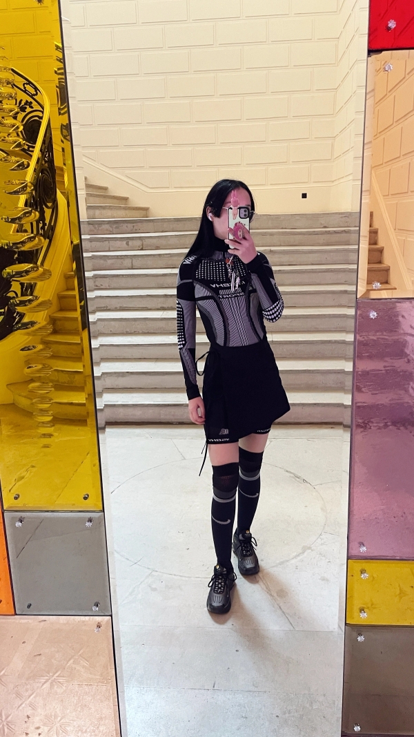 Left to right: Top Bourgine, Skirt Courrèges | Top & Leggings Misbhv, Skirt Weekday, Socks Nike x Sacai, Shoes Nike | Top Ottolinger, Raincoat COS, Skirt Sonia Rykiel, Bag Melissa, Shoes Miista