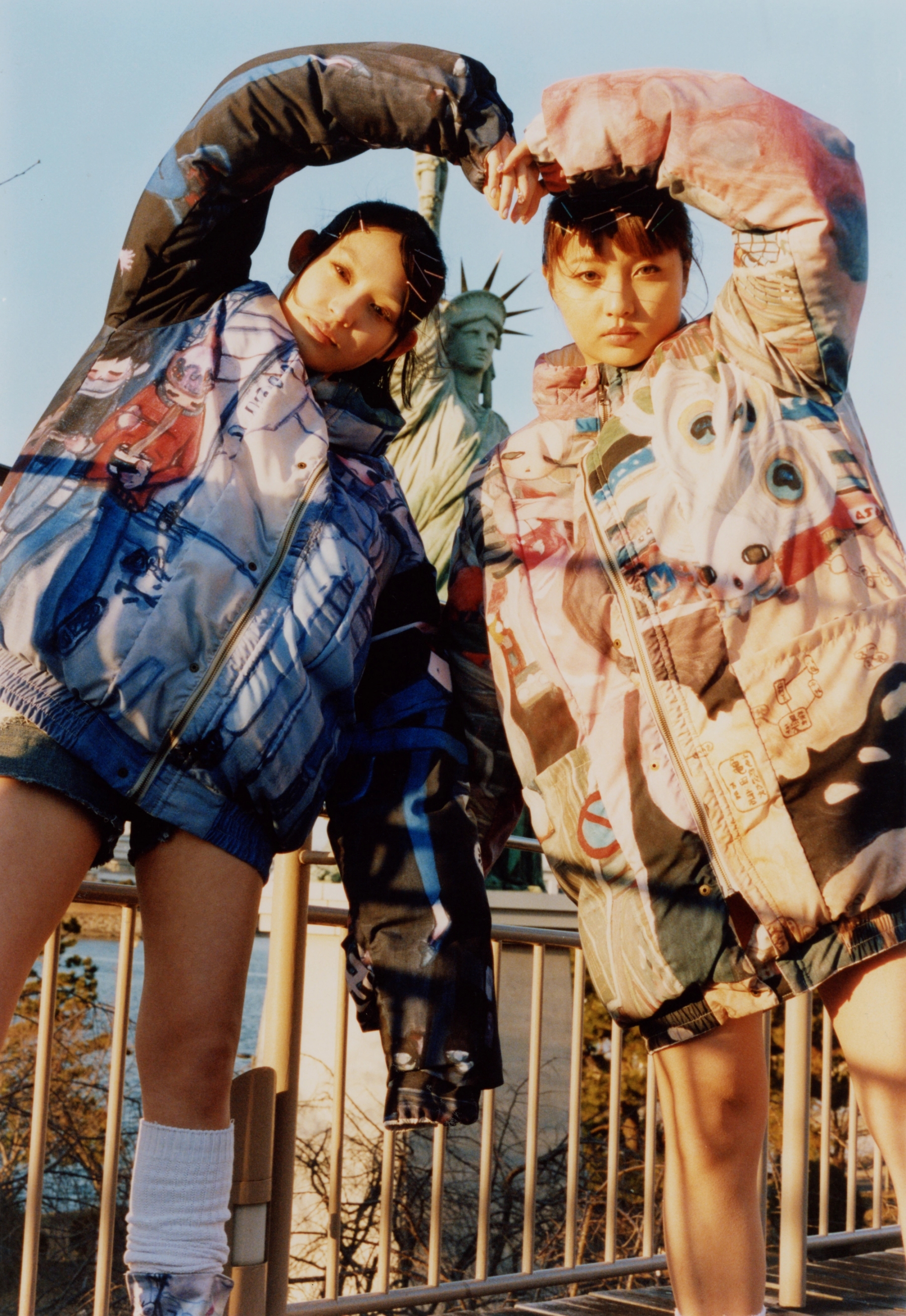 Both model wear jackets Mikiosakabe, shoes Mikiosakabe, Aya Takano KK, denim shorts stylist's own