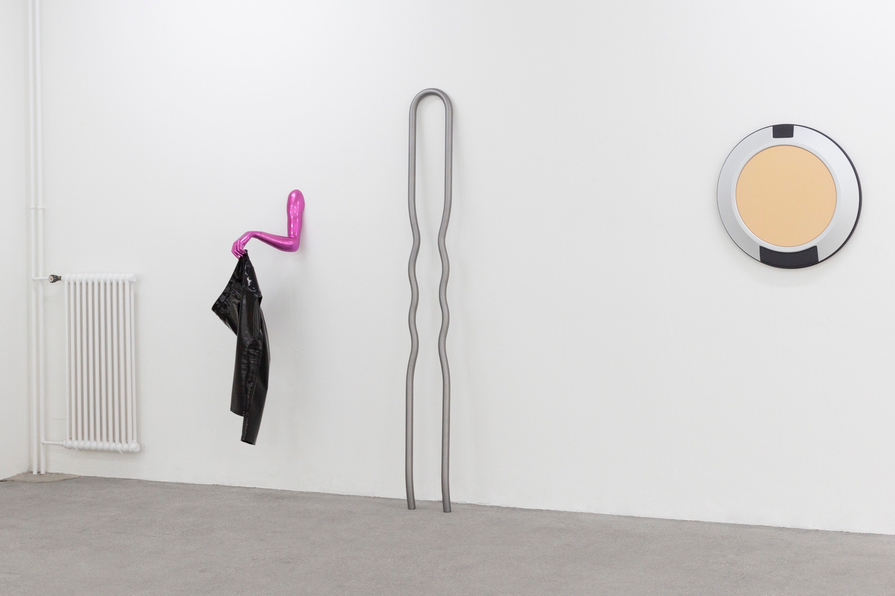 Left to Right: 'Comme des Garçons' 2021, Fiberglass, car paint, vinyl pants / 'Bobby Pin' 2016, Steel with matte finish / 'What Clout (Light Cognac)' 2021, Acrylic on shaped canvas