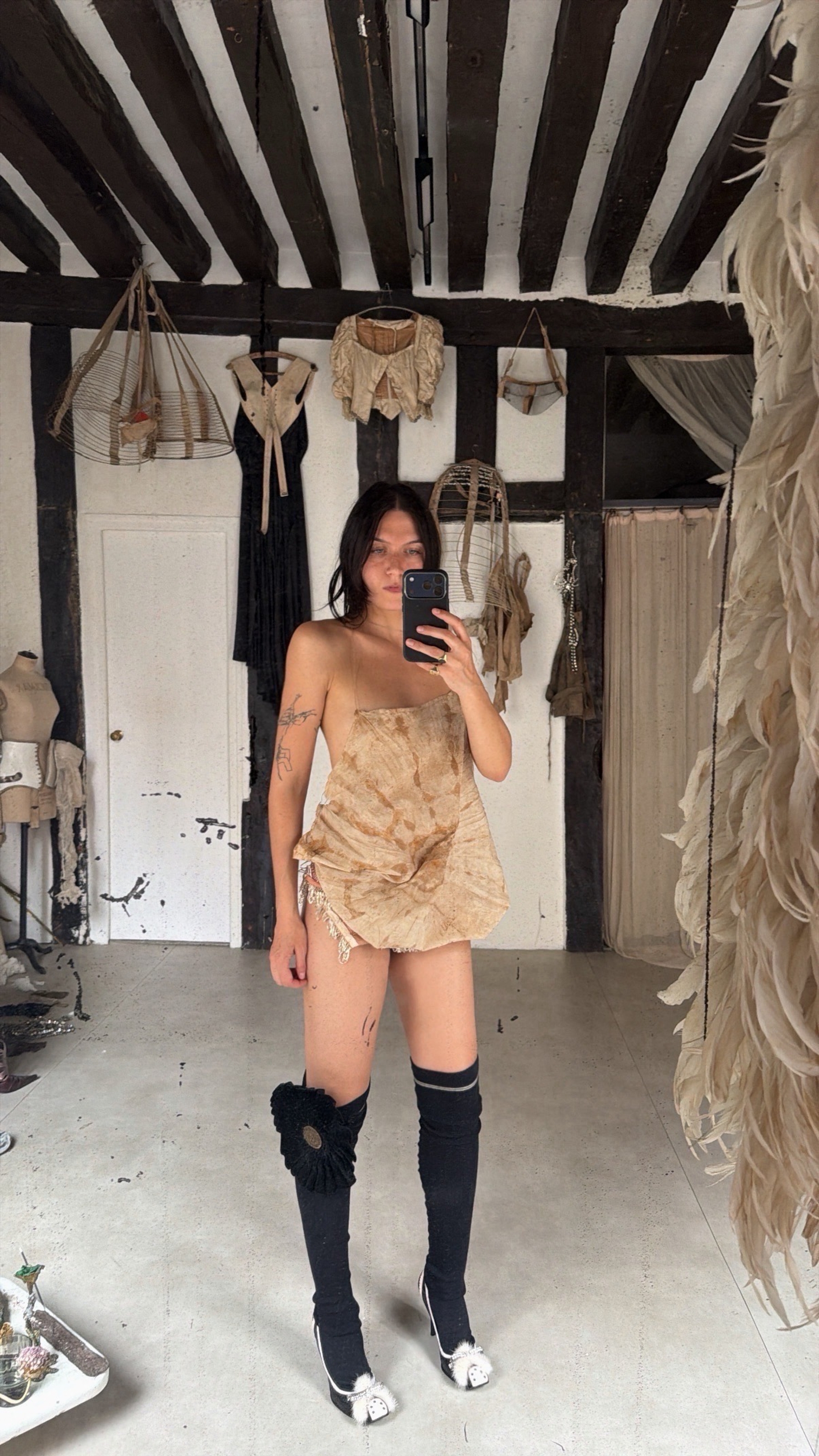 US army WWII small signal parachute worn as a dress, 1920s burlesque beaded set worn inside out, 1930s woollen socks, shoes Shushuaddict, Victorian brooch