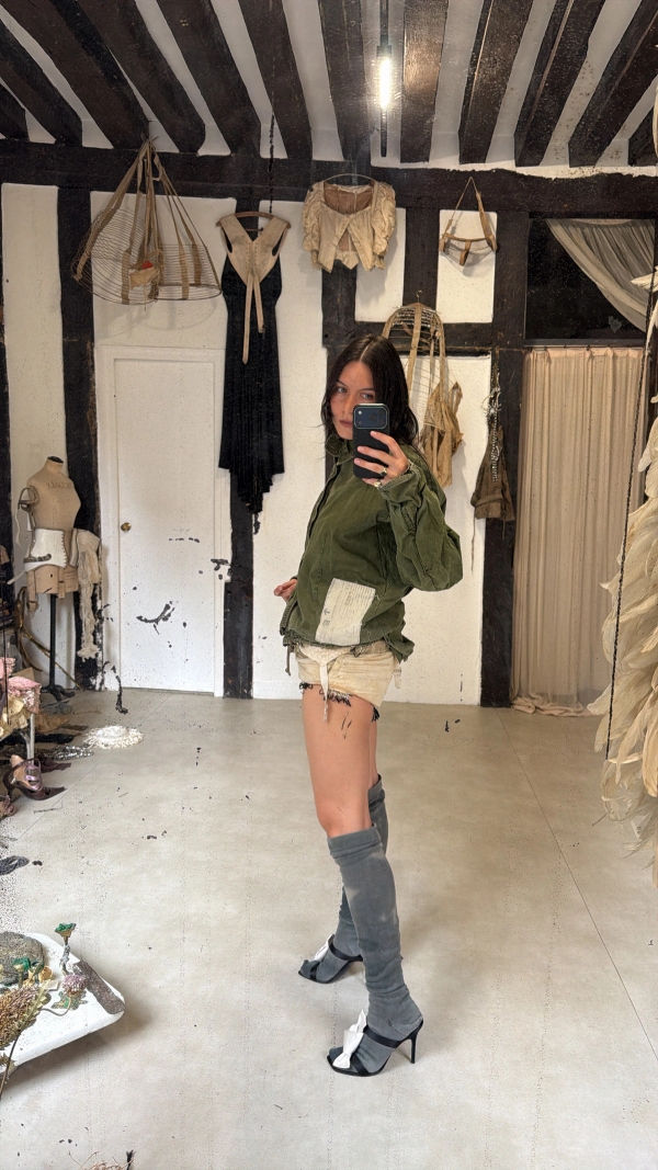 1980s jacket, 1920s burlesque beaded set worn inside out, 1920s faded socks, shoes Shushuaddict