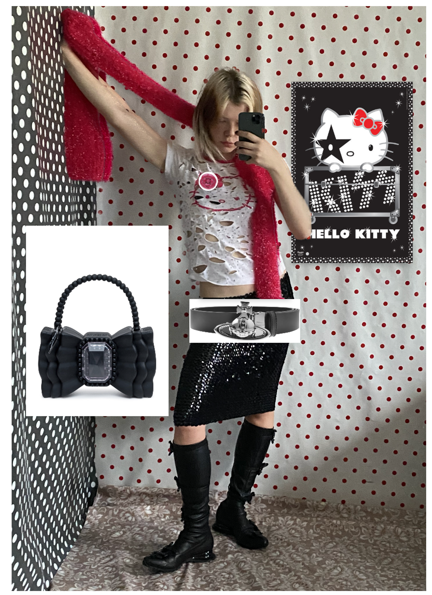 T-shirt: Amanda Glickman /
Scarf: Molly Goddard /
Skirt: Vintage /
Boots: Kiko Kostadinov