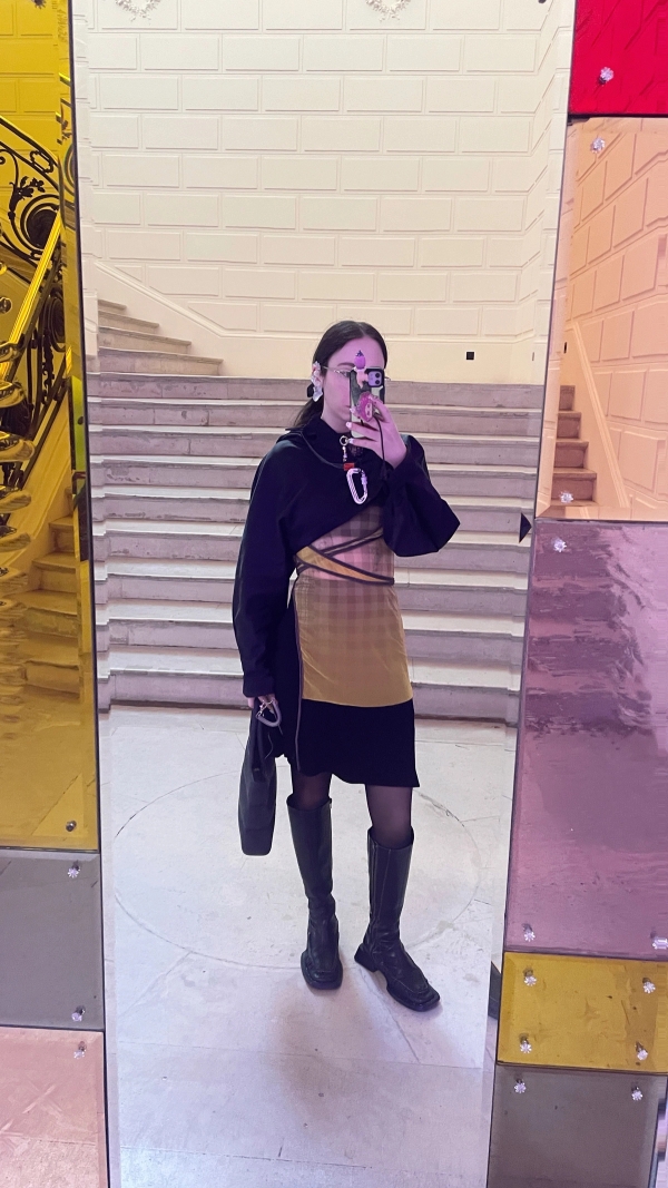 Left to right: Top Bourgine, Skirt Courrèges | Top & Leggings Misbhv, Skirt Weekday, Socks Nike x Sacai, Shoes Nike | Top Ottolinger, Raincoat COS, Skirt Sonia Rykiel, Bag Melissa, Shoes Miista