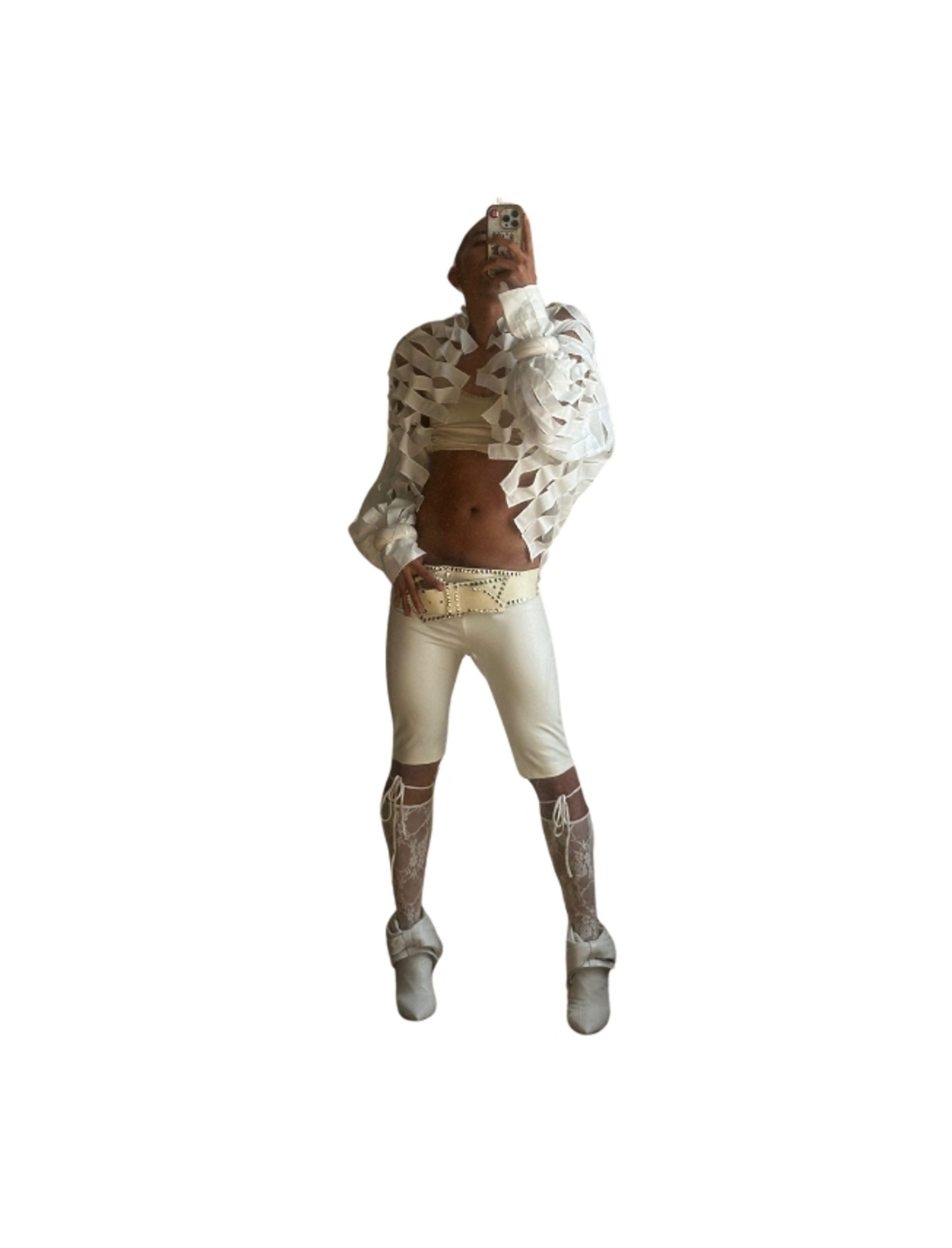 Top: TWO STITCHES / Short: MM6 / Leg piece: Nicolas Guichard / Shoes: Miu Miu