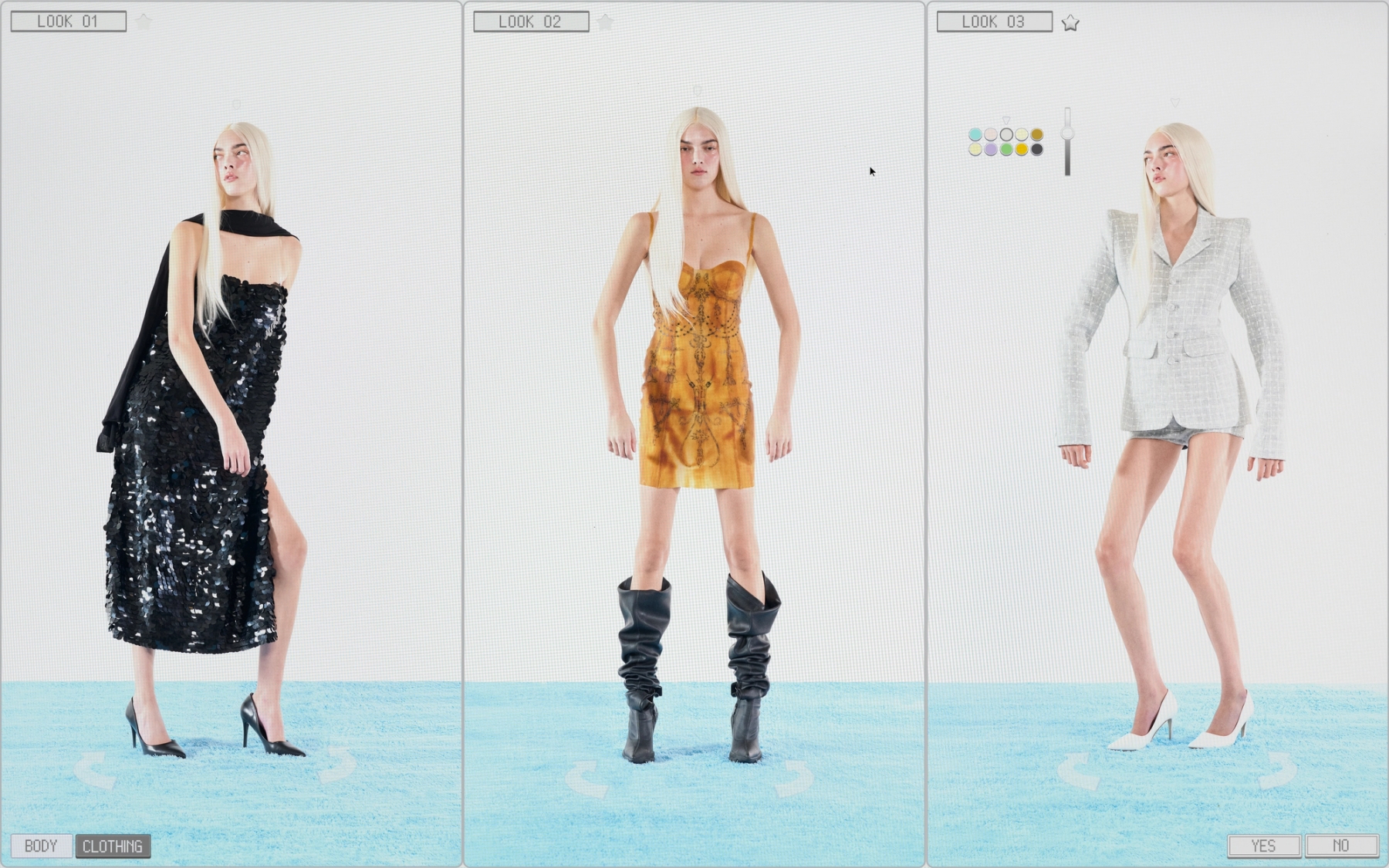 Left to right: Dress Natasha Zinko, Scarf and Shoes Stylist’s own | Dress Jaoka Jaokha, Boots Rombaut | Suit Natasha Zinko, Shoes Stylist’s own