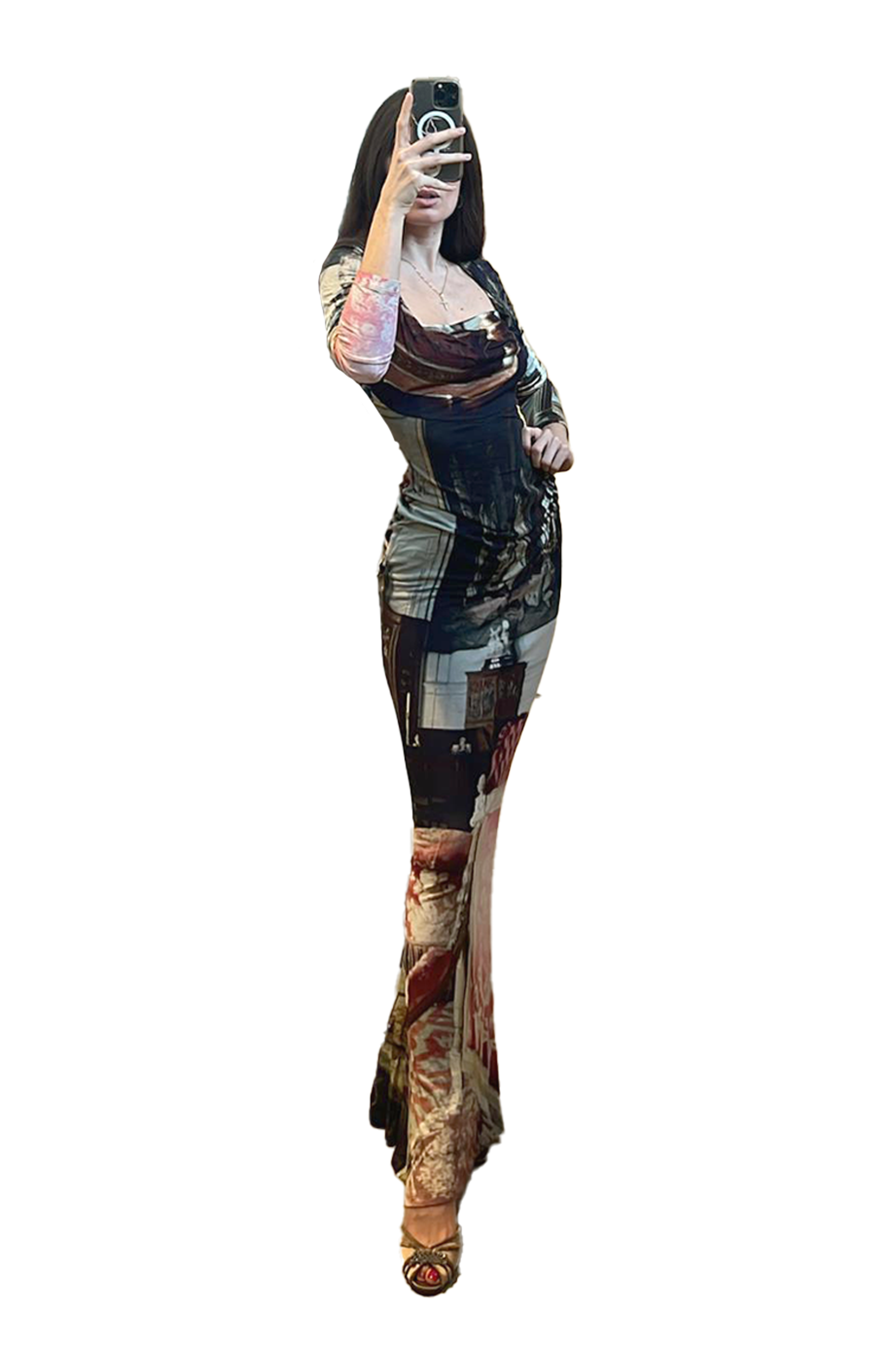 Dress Vivienne Westwood, Shoes Pedro Garcia, Necklace her mother’s 