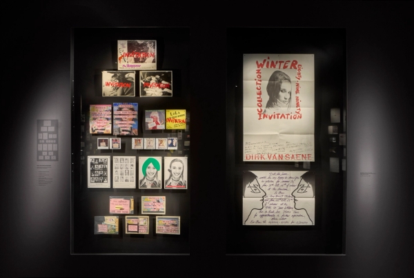 Left to right: Dirk Van Saene invitations in The Antwerp Six at MoMu – Fashion Museum Antwerp, 2026, © MoMu Antwerp, Photo: Stany Dederen | Ann Demeulemeester invitations in The Antwerp Six at MoMu – Fashion Museum Antwerp, 2026, © MoMu Antwerp, Photo: Stany Dederen | Dirk Bikkembergs invitations in The Antwerp Six at MoMu – Fashion Museum Antwerp, 2026, © MoMu Antwerp, Photo: Stany Dederen