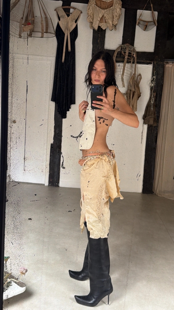 Victorian pocket initially to be attached around waist worn as a top, 1920s burlesque beaded bottoms worn as a belt, 1930s cut slip dress into skirt, shoes Shushuaddict