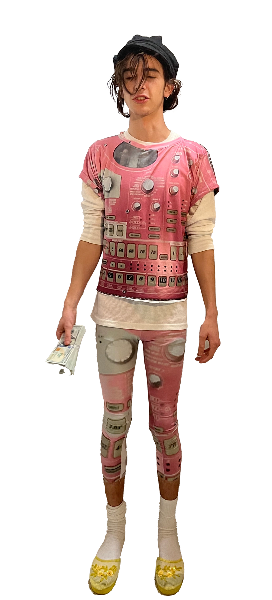 Hat: random black gap hat /
T-shirt: pink drum machine t-shirt /
Under layer shirt: plain thermal long sleeve /
Tights: pink drum machine tights /
Slides: yellow platform Chinese slippers /
CD box head band, CD box skirt & CD box tights sourced by GoHomeEli /
Jacket: American apparel grey zip up hoodie /
Shoes: white z-coil trainers