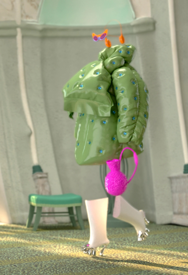 Sapphire quilted jacket worn with a fuchsia vase bag, an orange helmet encrusted with amethysts, as well as white rubber boots with silver multi-heel soles.