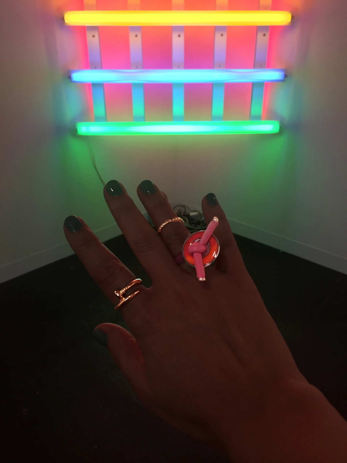 Ligia Dias, Designer, Geneva, Personal jewellery by Cartier, Sonia
Boyajian & Ligia Dias, with corner artwork by Dan Flavin