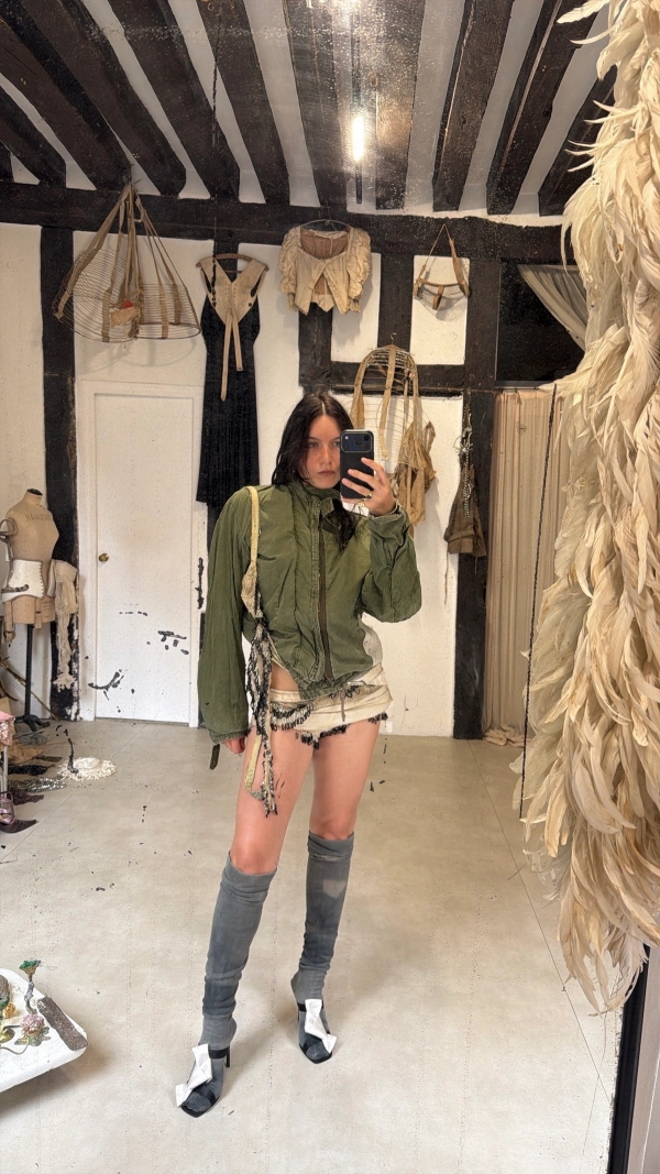 1980s jacket, 1920s burlesque beaded set worn inside out, 1920s faded socks, shoes Shushuaddict