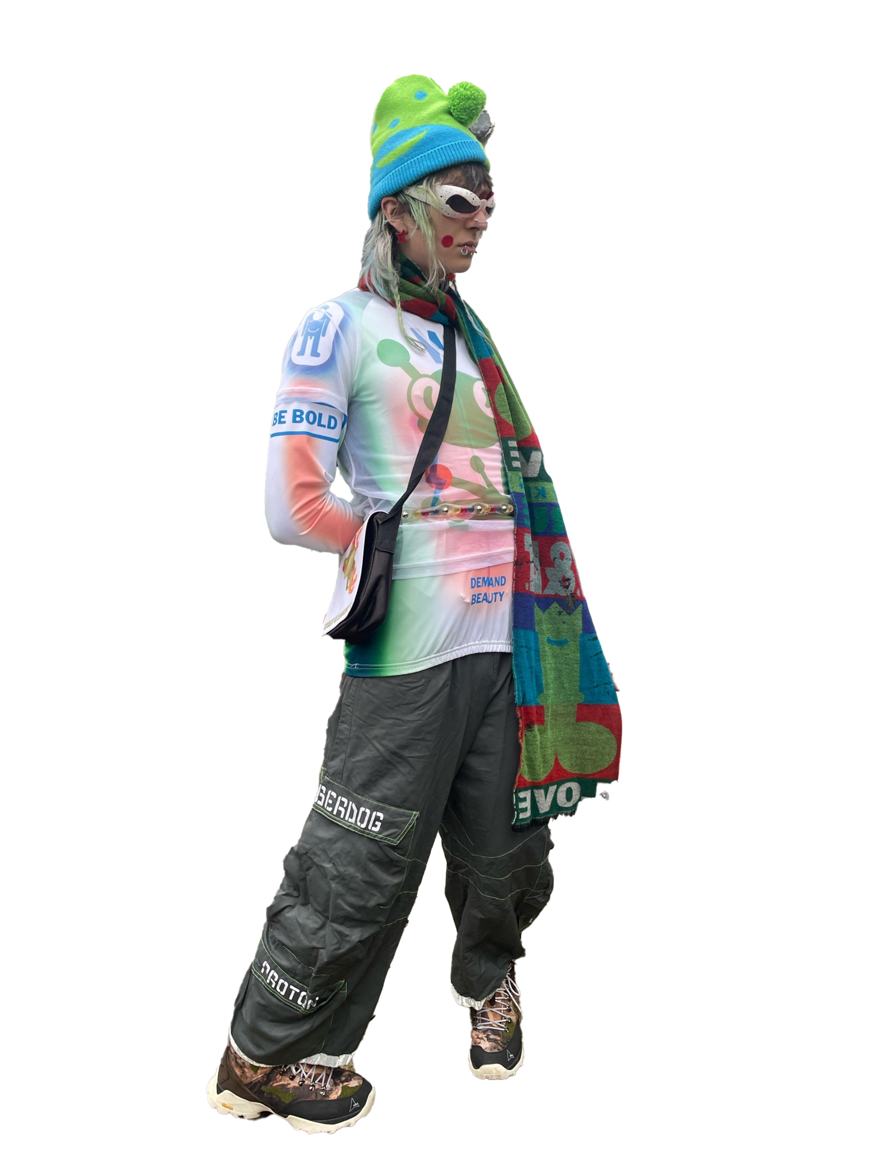 Hat: Walter Van Beirendonck - Sunglasses: Jeremy Scott x Linda Farrow - Scarf: Wild & Lethal Trash - Mesh Top: Wild & Lethal Trash - Cycling Top: Walter Van Beirendonck - Bag: Ebay - Pants: Cyberdog (altered) - Shoes: ROA Hiking Boots